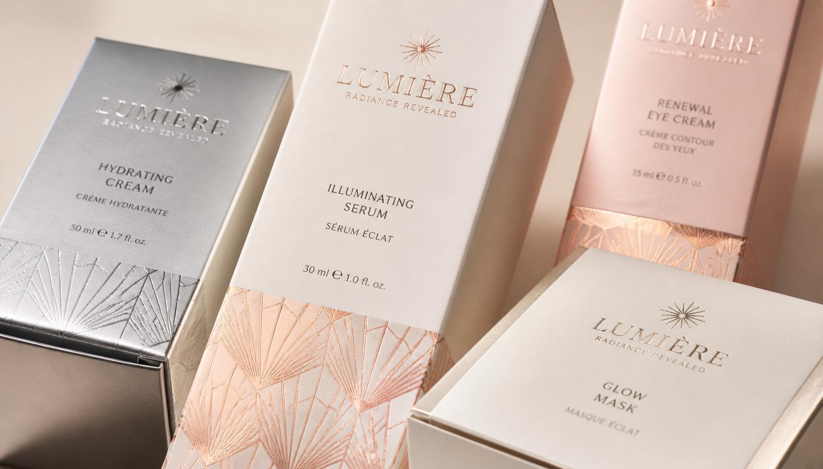 Luxury cosmetic folding cartons with silver, rose gold, and champagne cold foil stamping accents on a neutral studio surface…