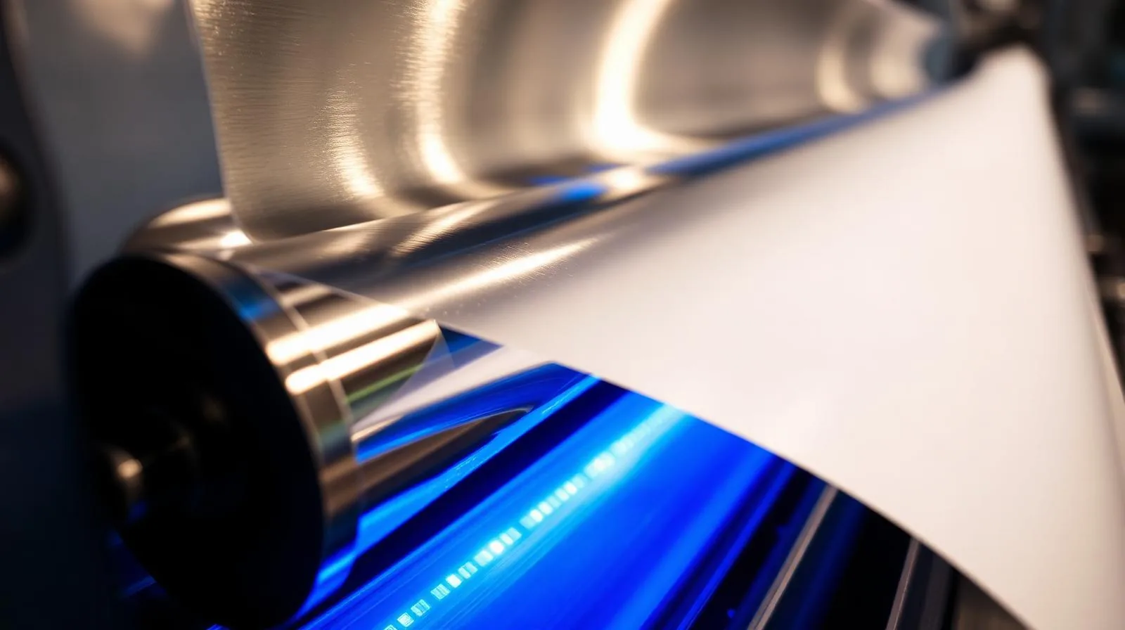 Macro view of a cold foil press transferring silver foil onto a paper web with blue UV LED curing light