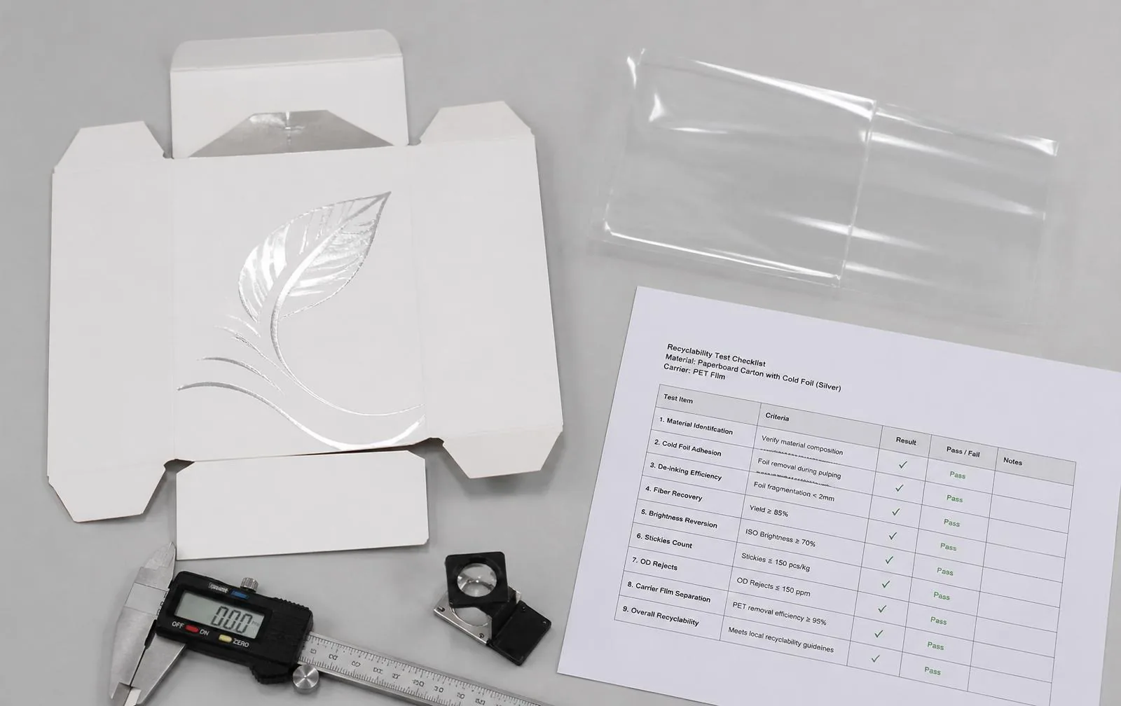 Cold foil paperboard sample with PET carrier and sustainability documentation