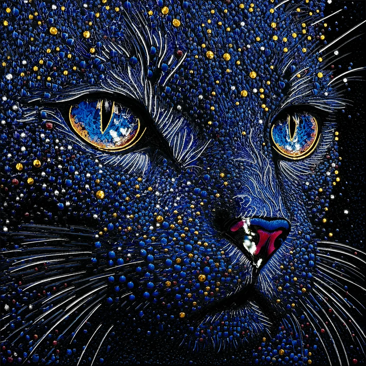 Blue cat artwork with glossy textured details and gold-colored metallic accents