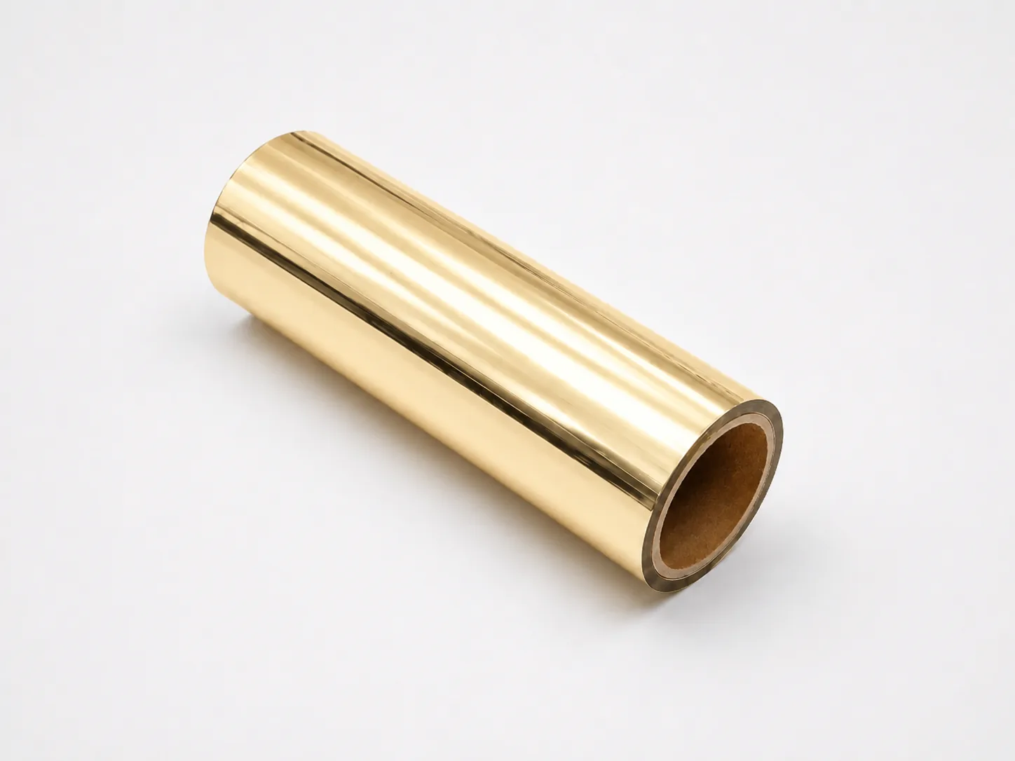 Pale Gold cold foil stamping roll (LM-PG / 18K) — champagne-toned satin-mirror foil on 12µm PET carrier