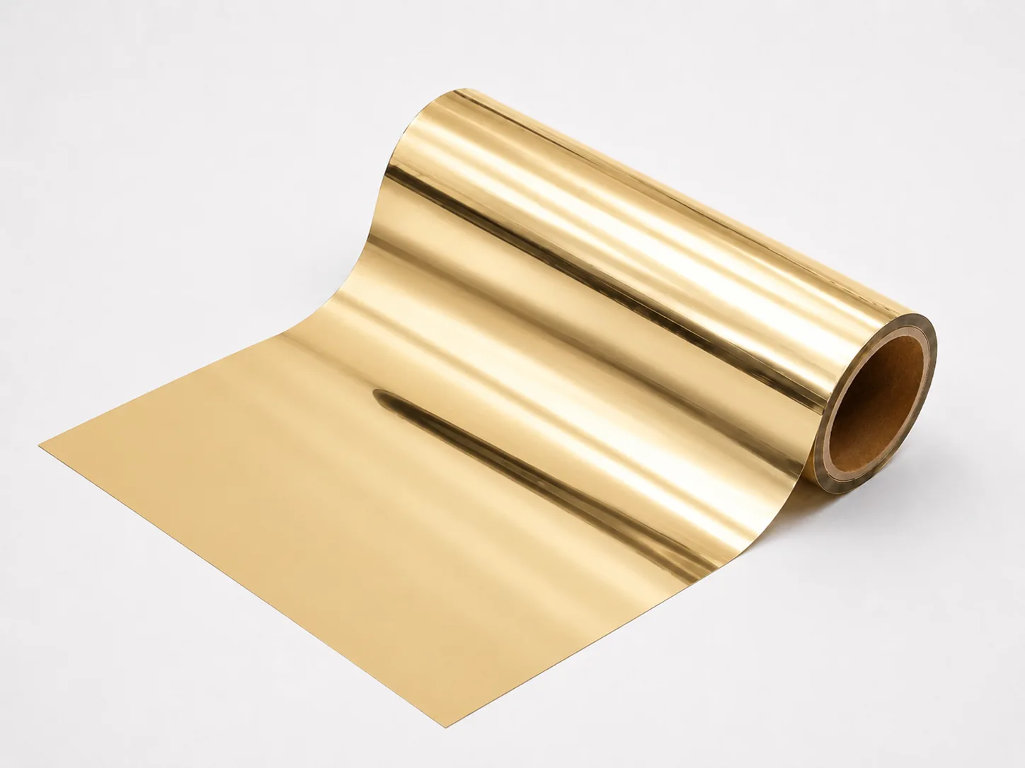 Pale Gold cold foil web unwinding from master roll showing uniform champagne metallic coverage edge to edge