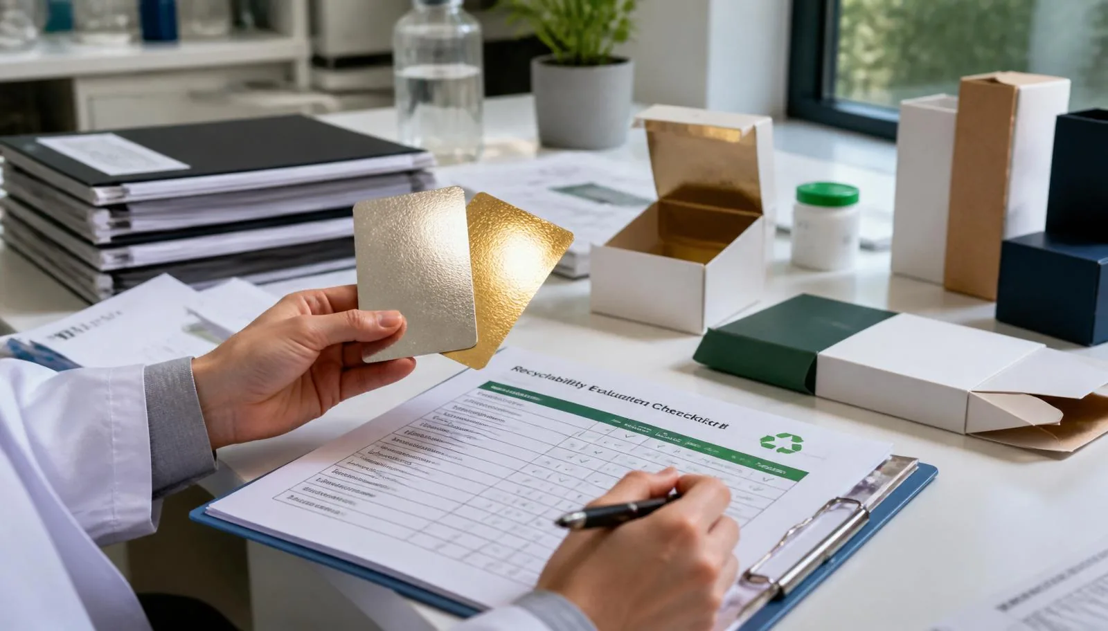 Cold foil recyclability proof checklist with packaging samples and supplier documents on a sustainability review desk