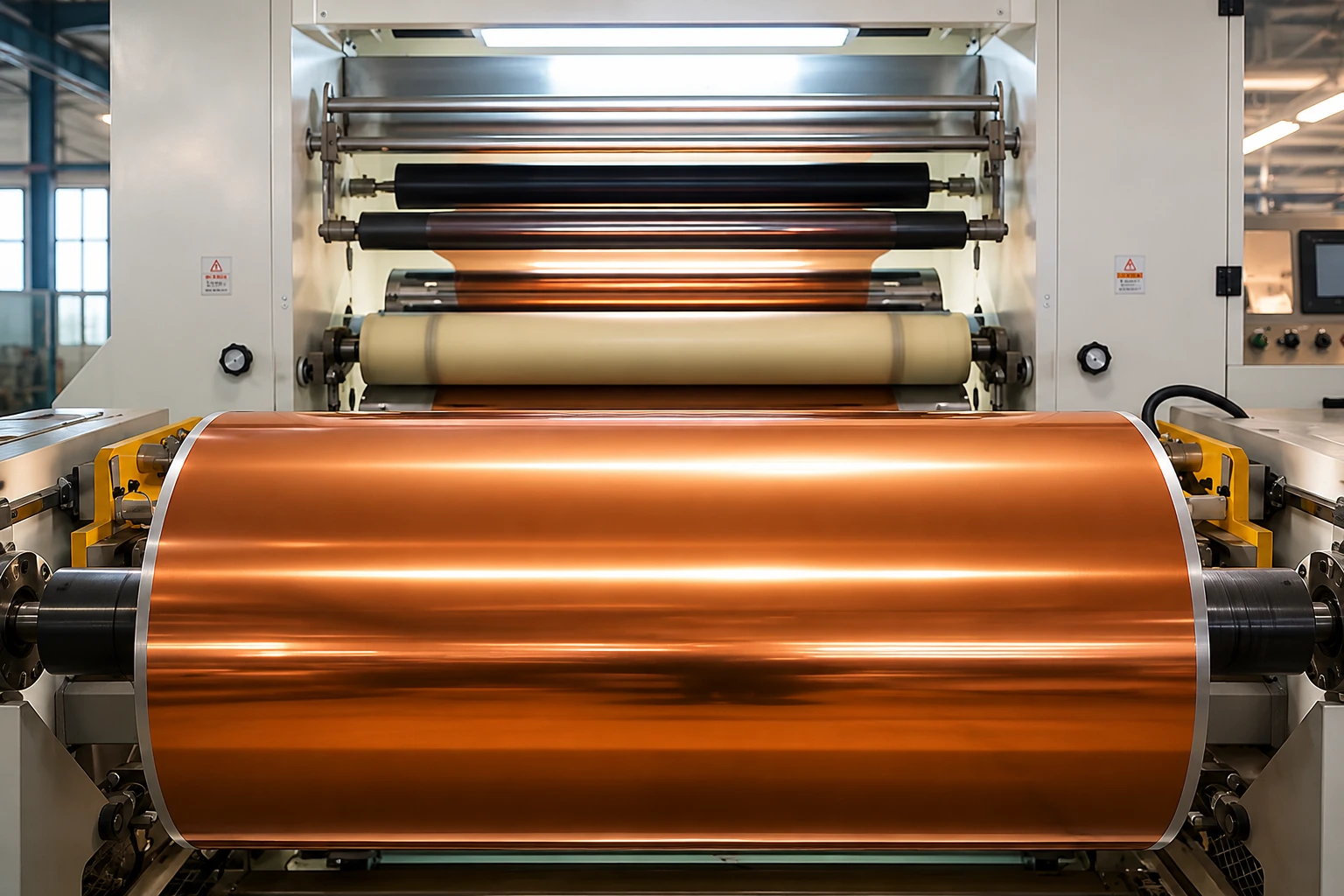 Colour coating station running a copper-toned metallised cold foil web