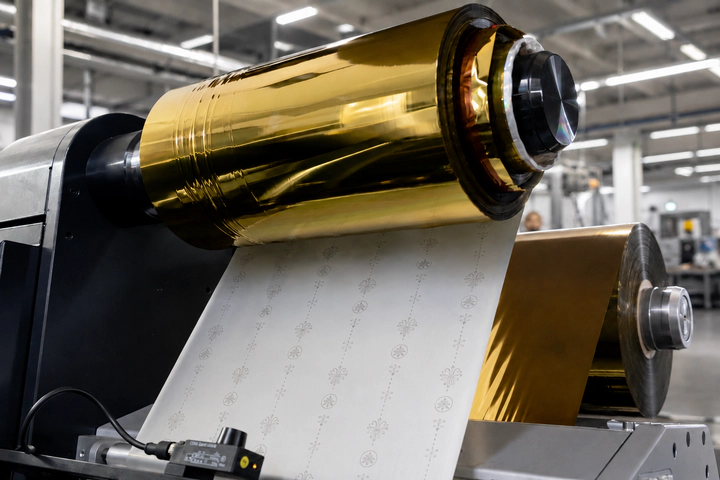 Gold cold foil roll feeding into a UV adhesive transfer station on a converting line, showing metallic foil web and printed…