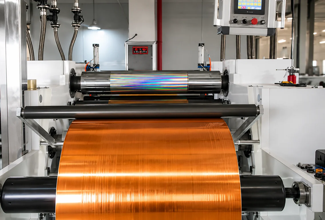 Holographic embossing unit imprinting diffraction patterns into the foil web