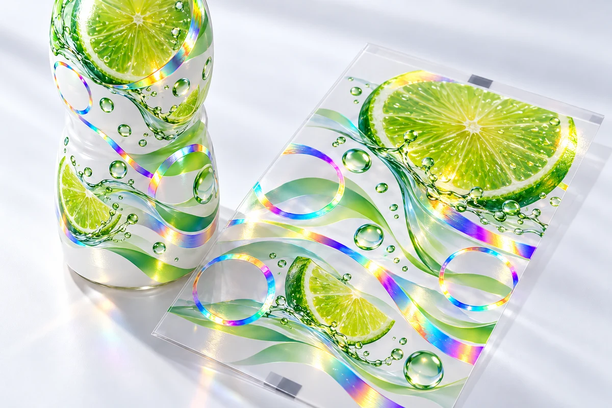 Lime and water-droplet artwork with holographic rings on a bottle beside a matching flat film sample
