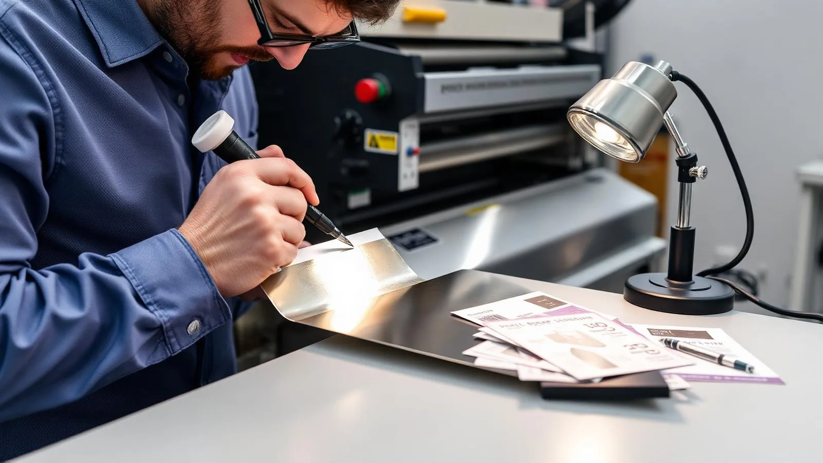 Print engineer performing a cold foil adhesion tape pull test on a silver metallic label sample under an inspection lamp