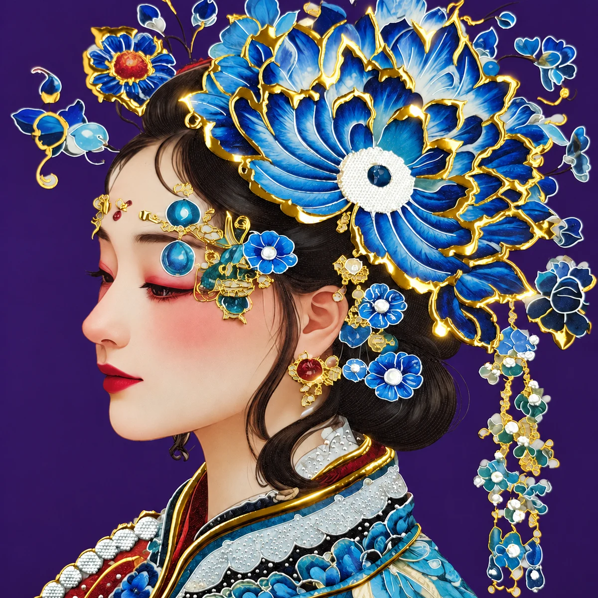 Portrait artwork with a blue floral headdress, gold-colored outlines and reflective decorative details