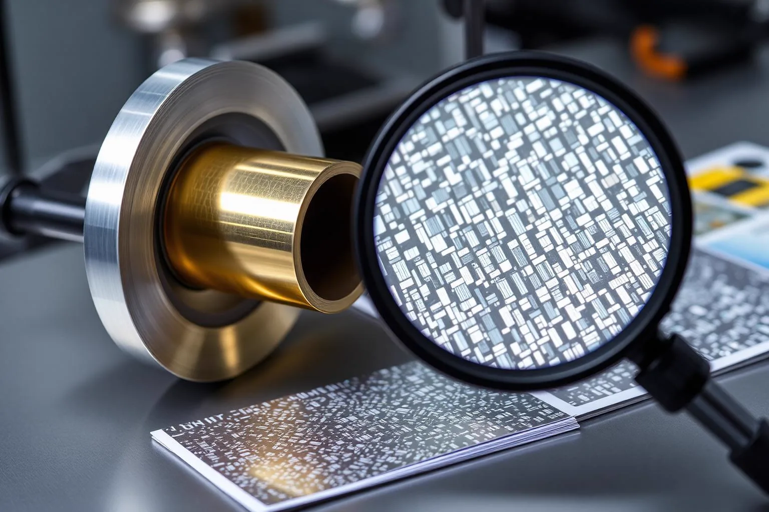 Magnifier over fine metallic security pattern on a cold foil roll with printed sample cards on an inspection bench