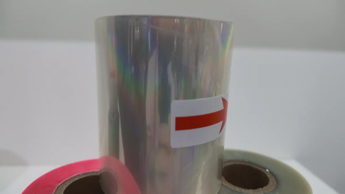 Reference footage of CFS holographic cold foil master rolls showing rainbow diffraction, silver, pink and green foil variants