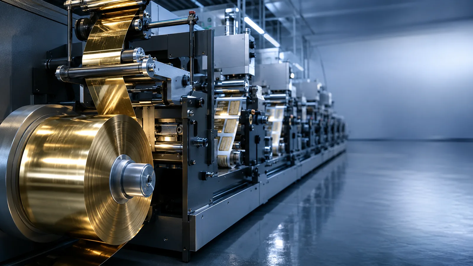 High-speed cold foil stamping press with a large gold foil roll in a modern production facility