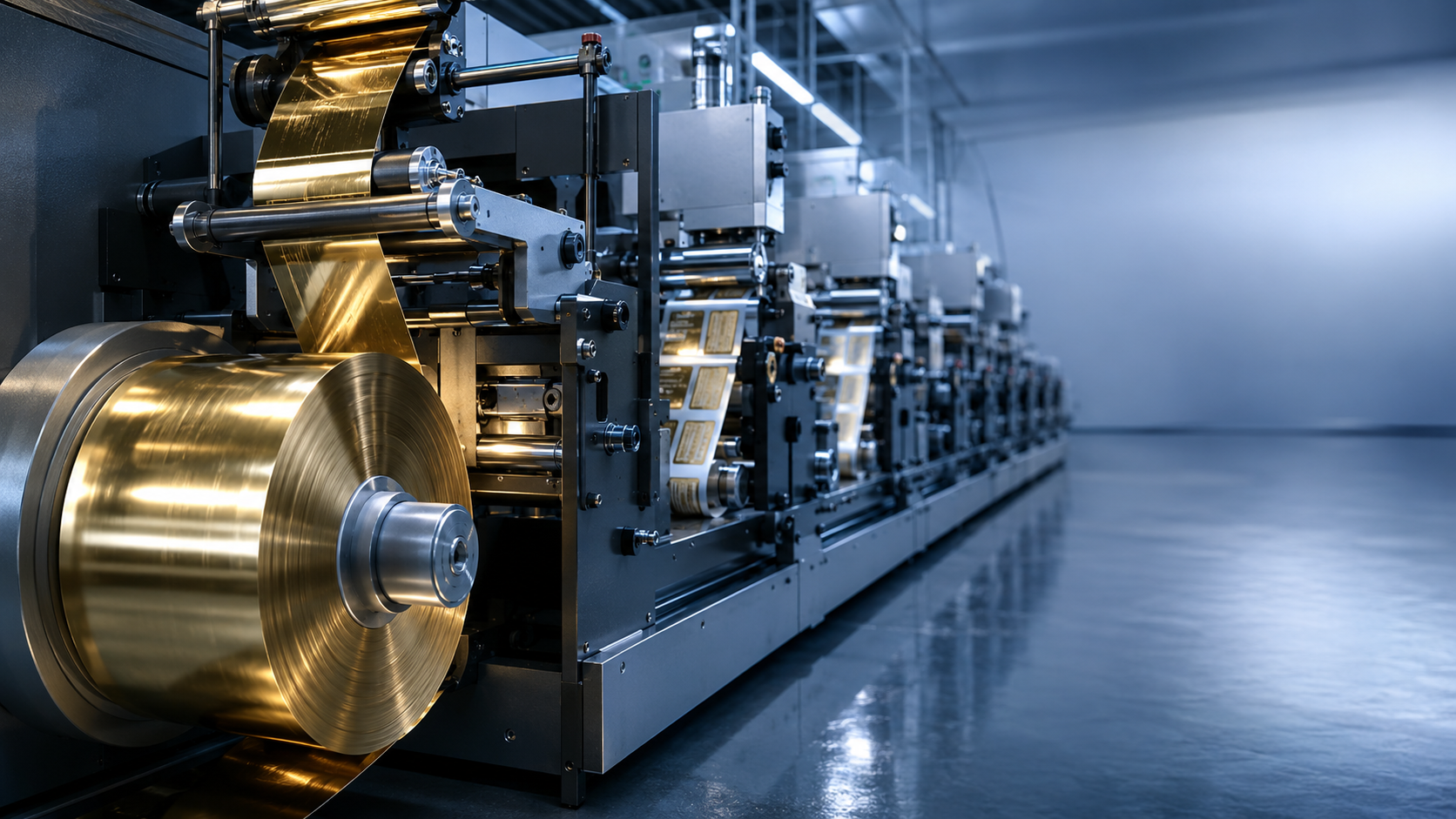 High-speed cold foil stamping press with a large gold foil roll in a modern production facility
