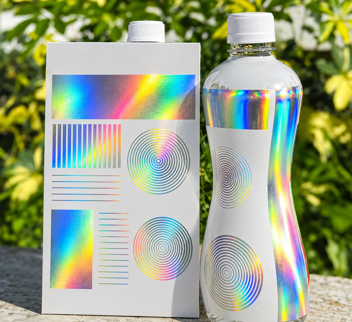 Holographic decoration with bands, fine lines and concentric circles on a flat white sample beside a bottle