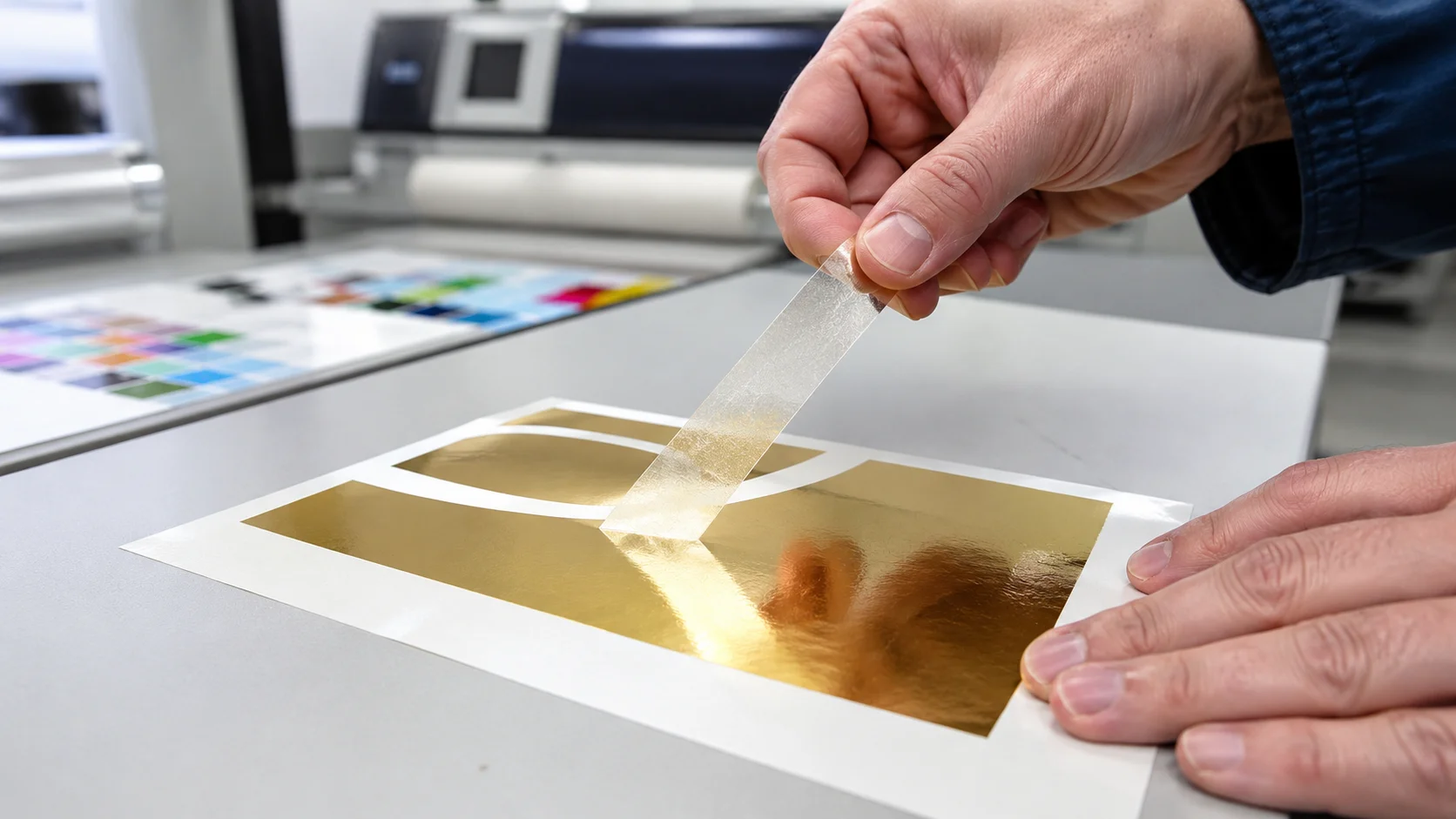 Cold foil adhesion test on metallic label sample with tape pull check
