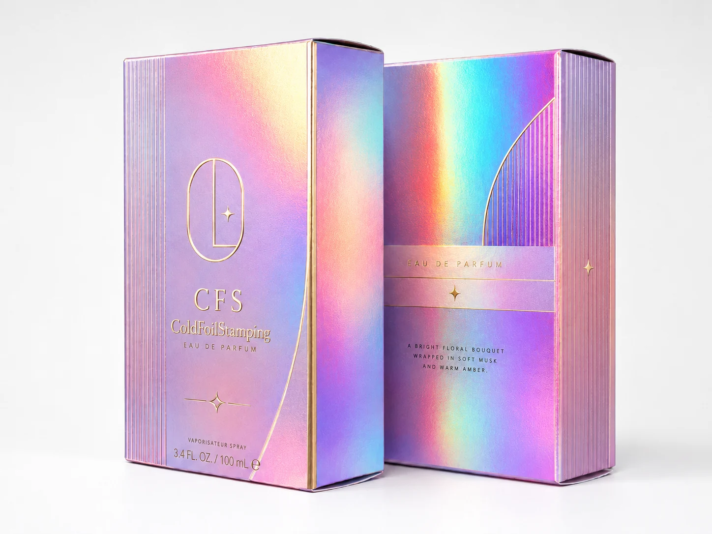 CFS prestige fragrance folding cartons decorated with all-over holographic cold foil, prismatic rainbow diffraction with fine gold rule details on the front panel and spine