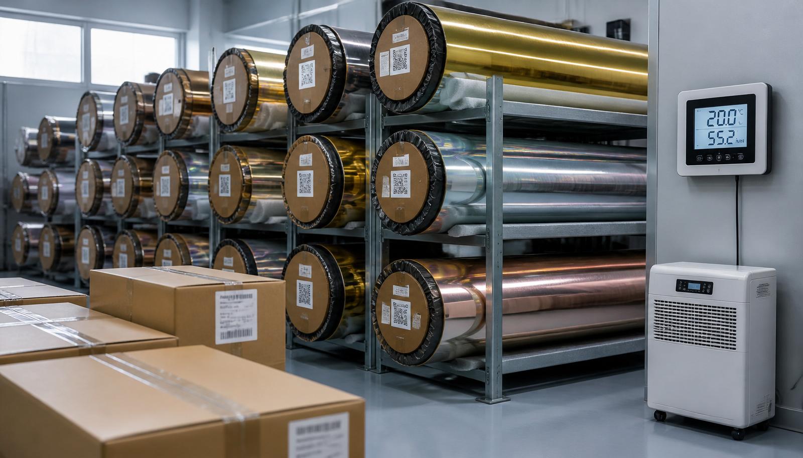 Climate-controlled warehouse racks holding upright cold stamping foil rolls in gold, silver, holographic and rose gold with…