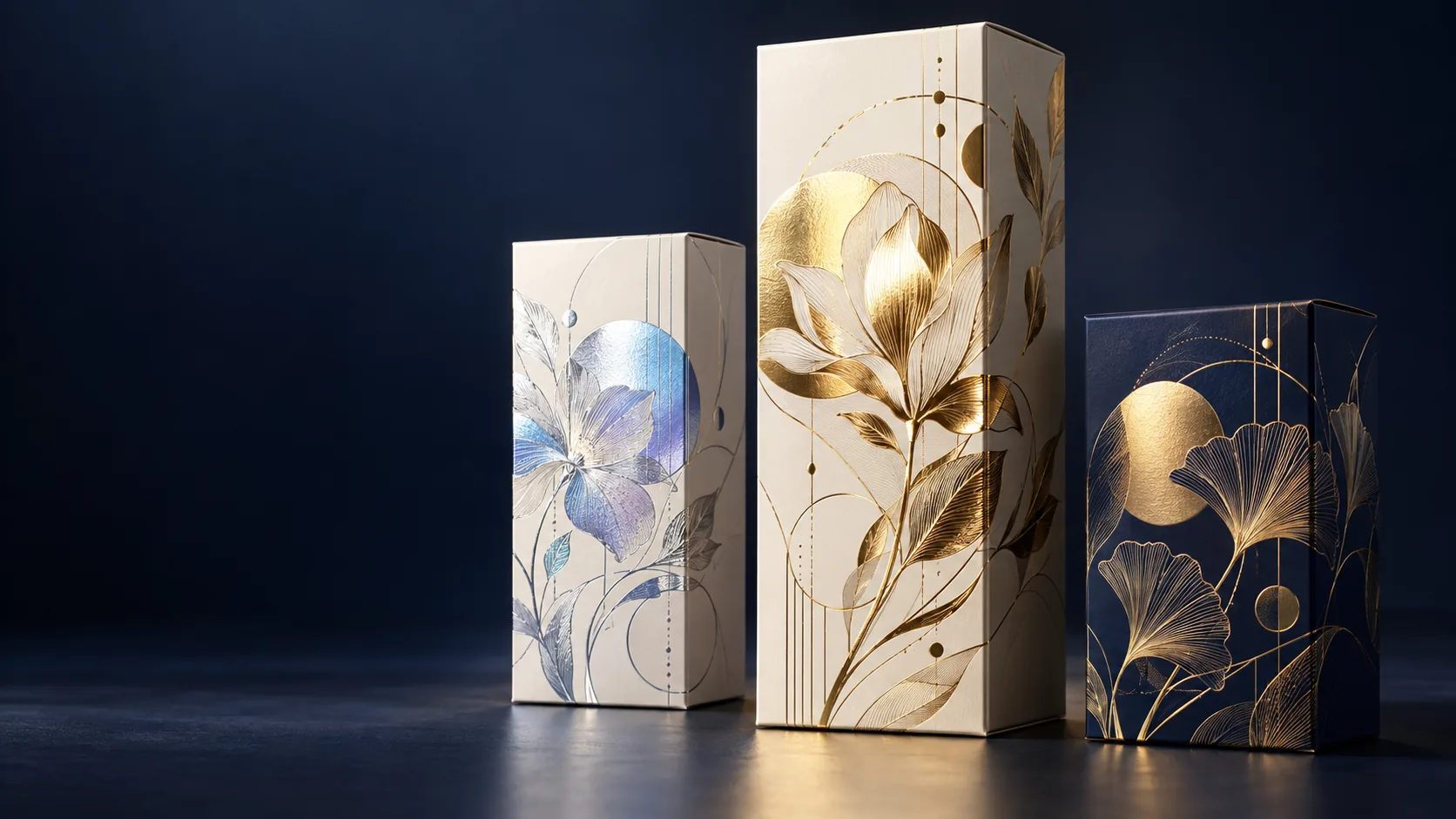 Folding cartons with metallic gold and silver floral cold foil decoration on a dark background — appearance reference only