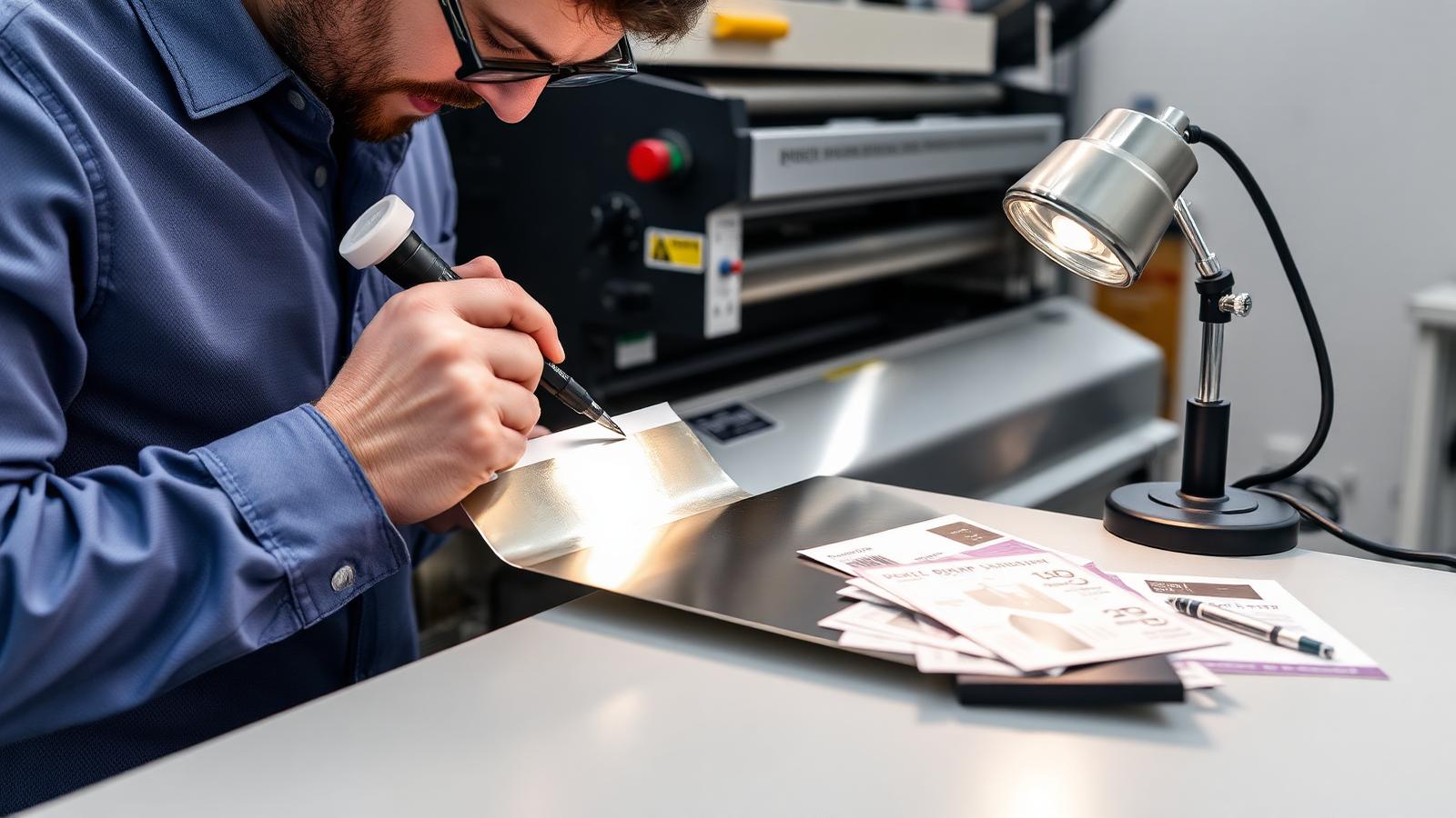 Print engineer performing a cold foil adhesion tape pull test on a silver metallic label sample under an inspection lamp