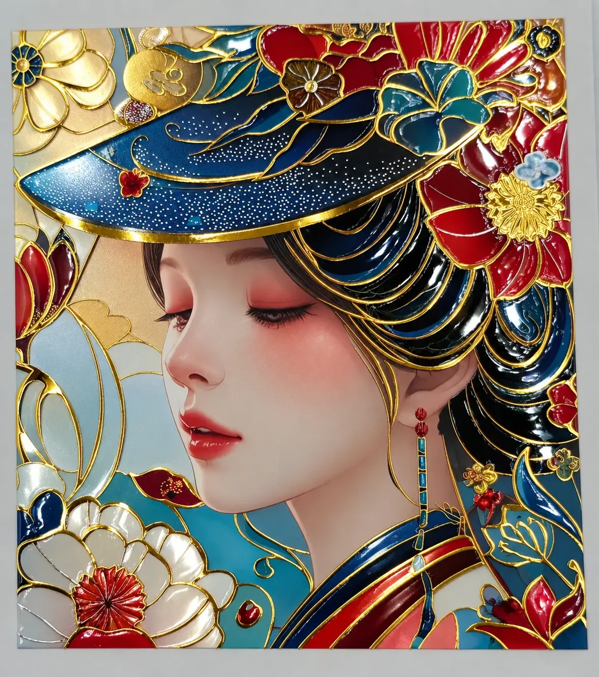 Floral portrait artwork with red and blue glossy areas outlined by gold-colored metallic details
