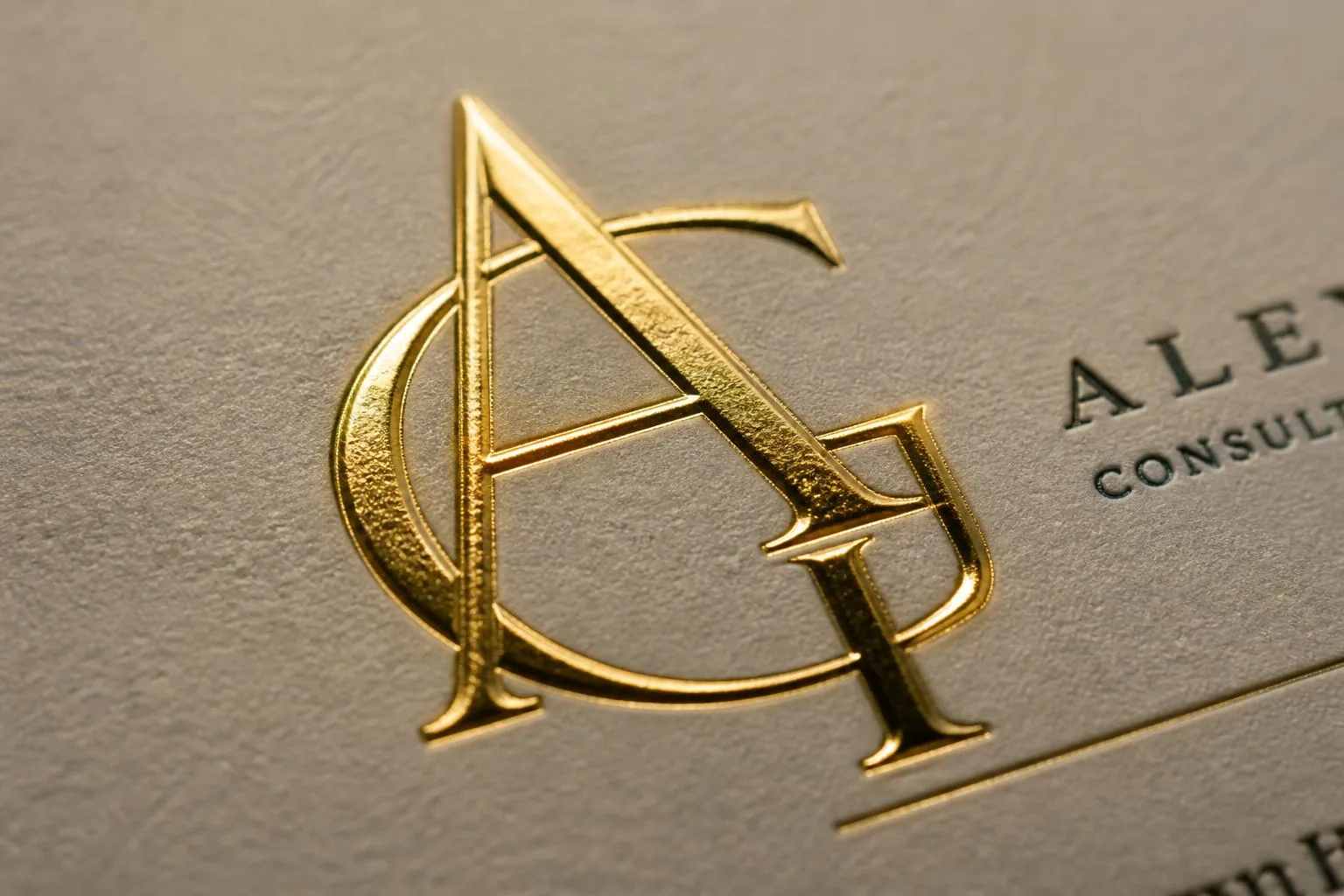 Macro close-up of raised gold cold foil monogram on premium cream business card stock