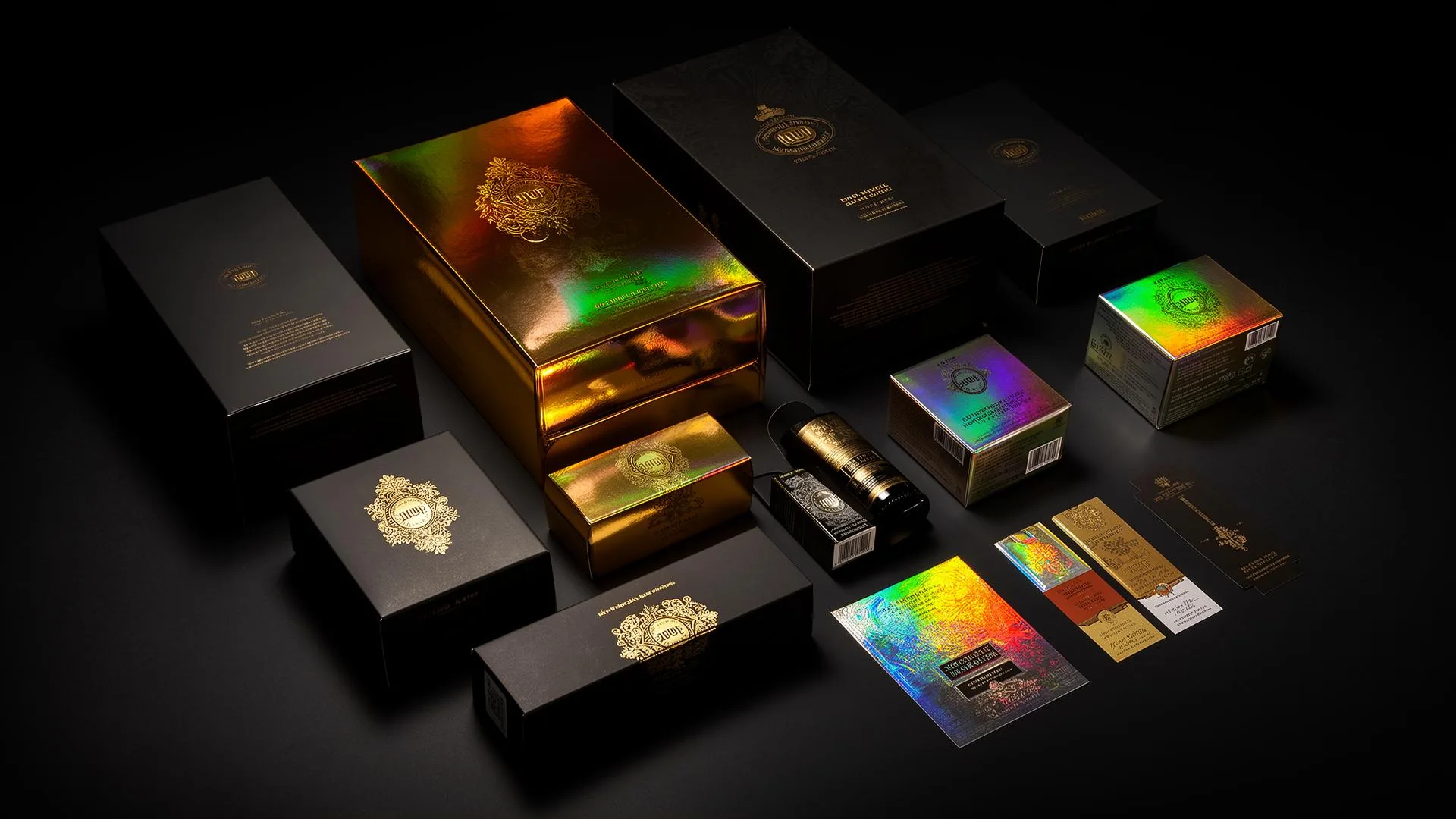 Luxury packaging decorated with mirror gold and rainbow holographic cold foil — folding cartons, cosmetics and labels