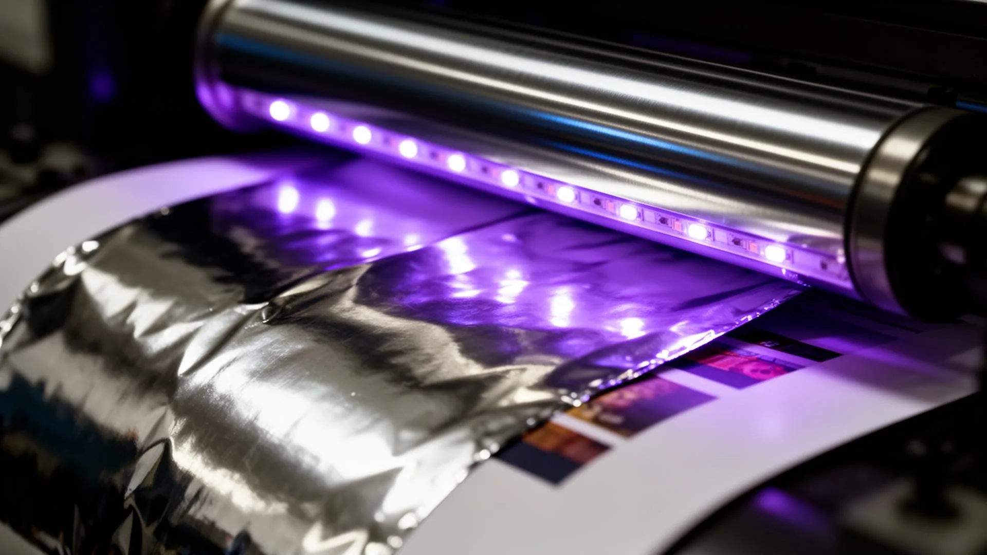 Macro view of UV-LED curing lamp and chrome roller laminating silver cold foil onto a printed sheet