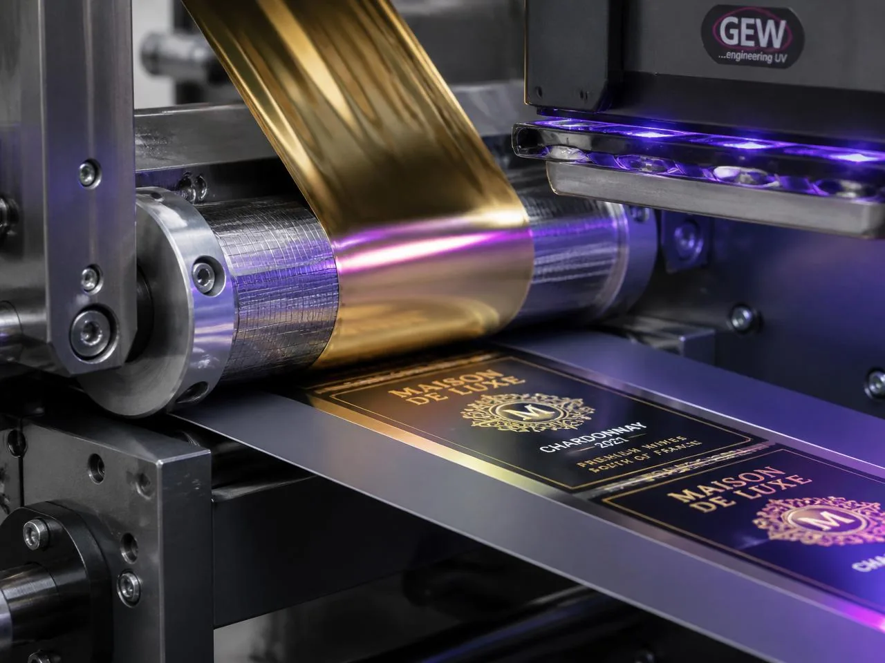 Cold foil press qualification on an inline UV-flexo label press — gold foil web transferring through the cold-foil nip under UV cure