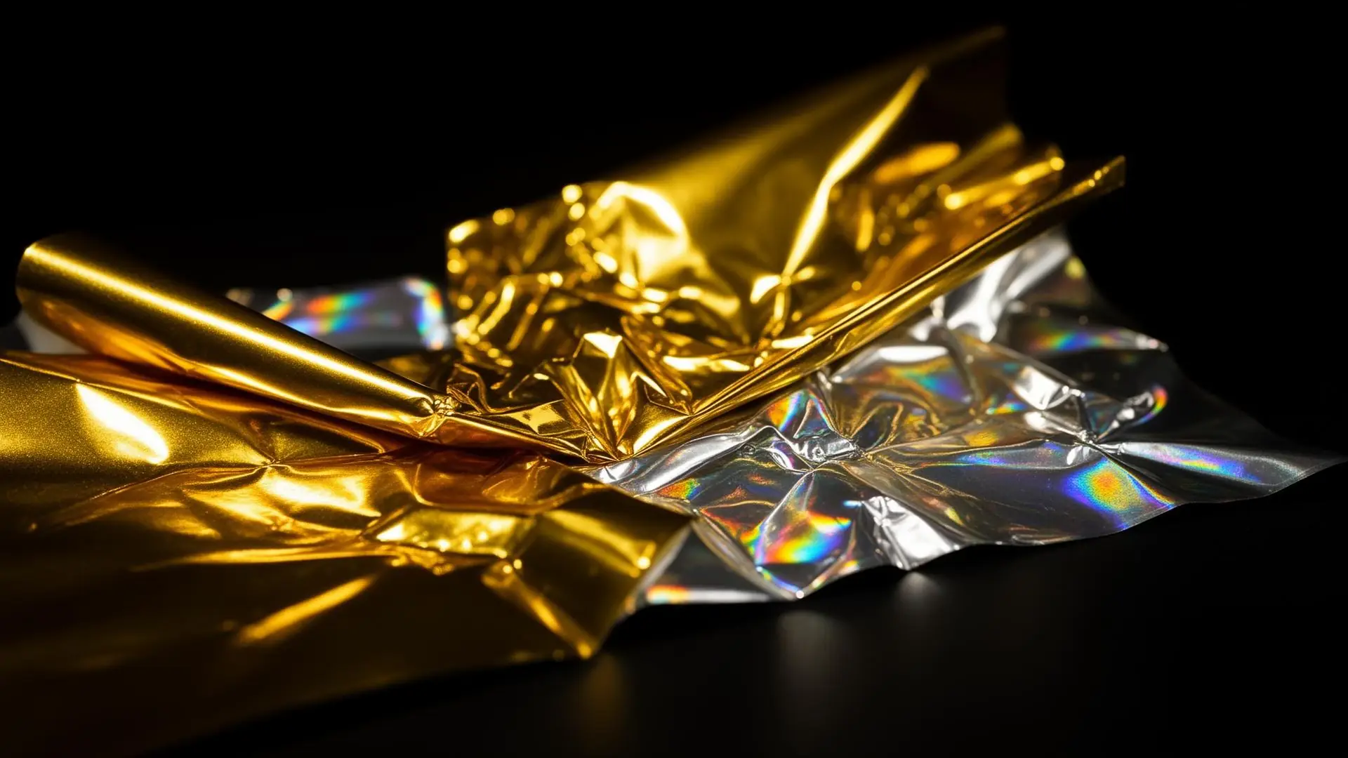 Macro shot of glowing metallic gold and silver cold foil stamping