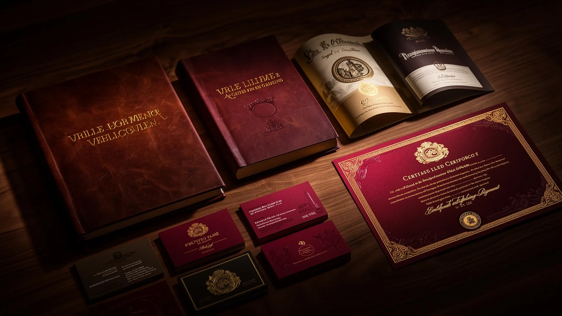 Luxury hot foil stamped products — leather book covers with gold serif titles, business cards, certificates and wine labels with combo emboss-foil