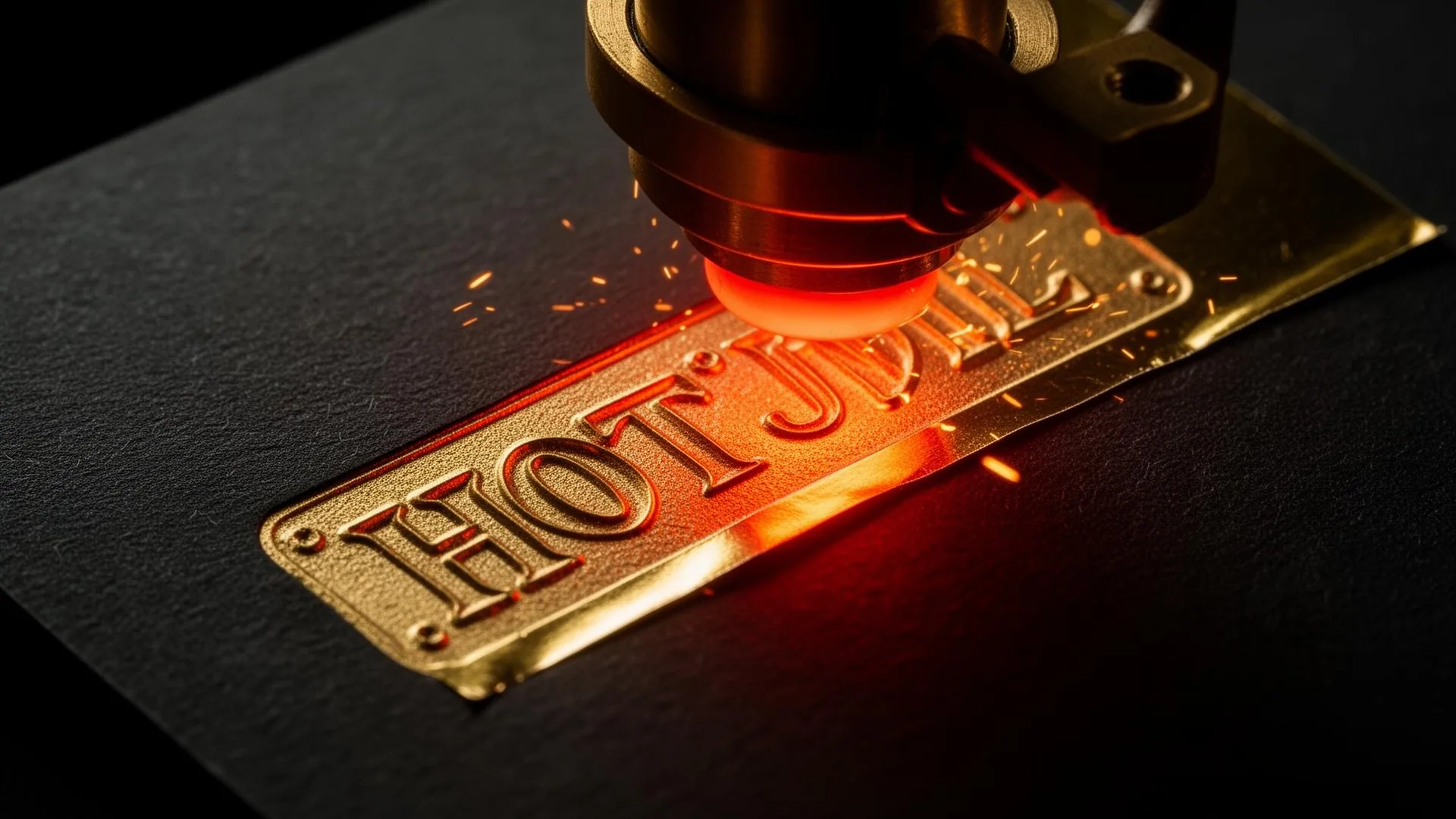 Macro view of a heated brass die pressing gold foil into dark textured paper, glowing red-orange from die heat
