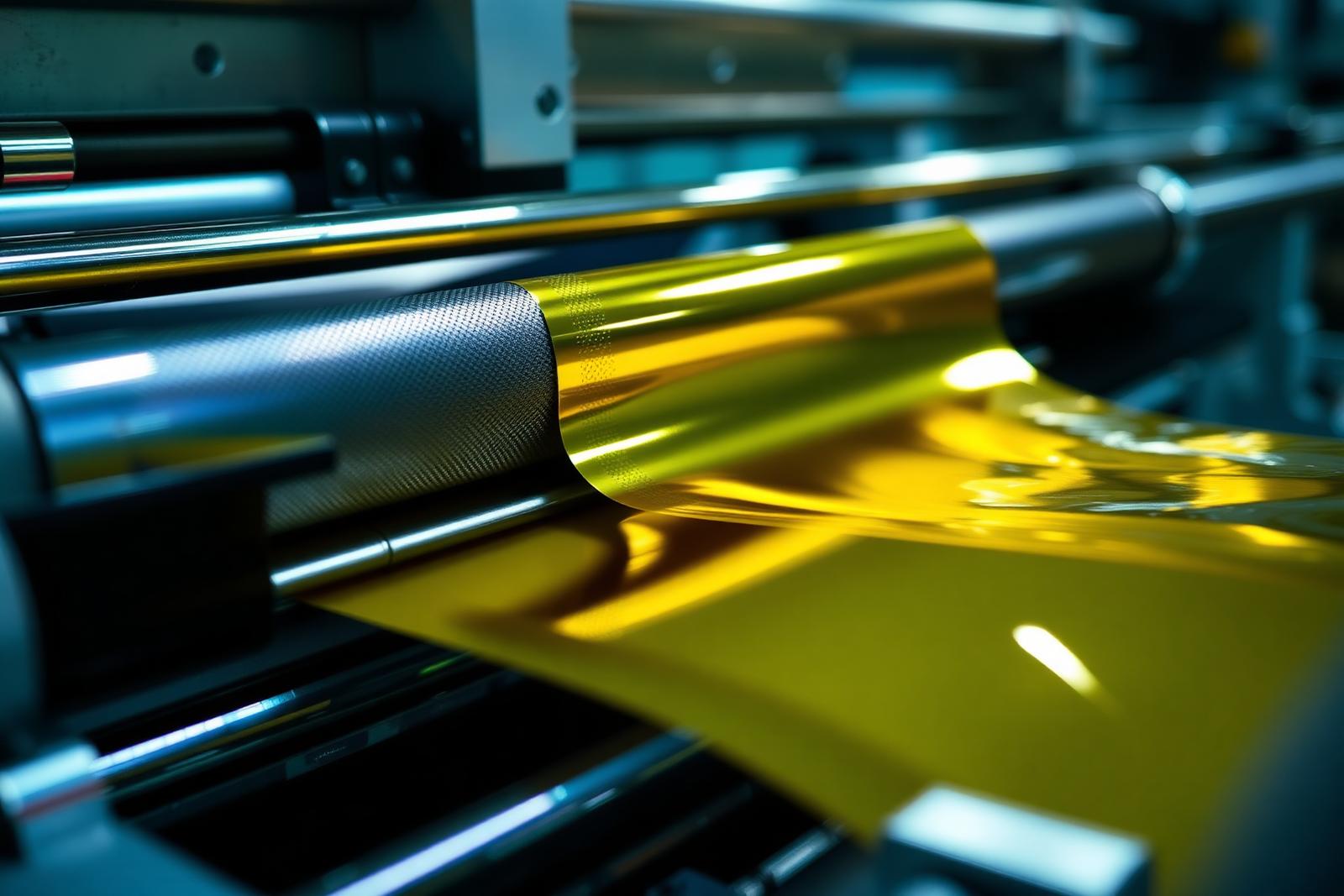Narrow web UV flexo press running a cold foil transfer station with metallised web