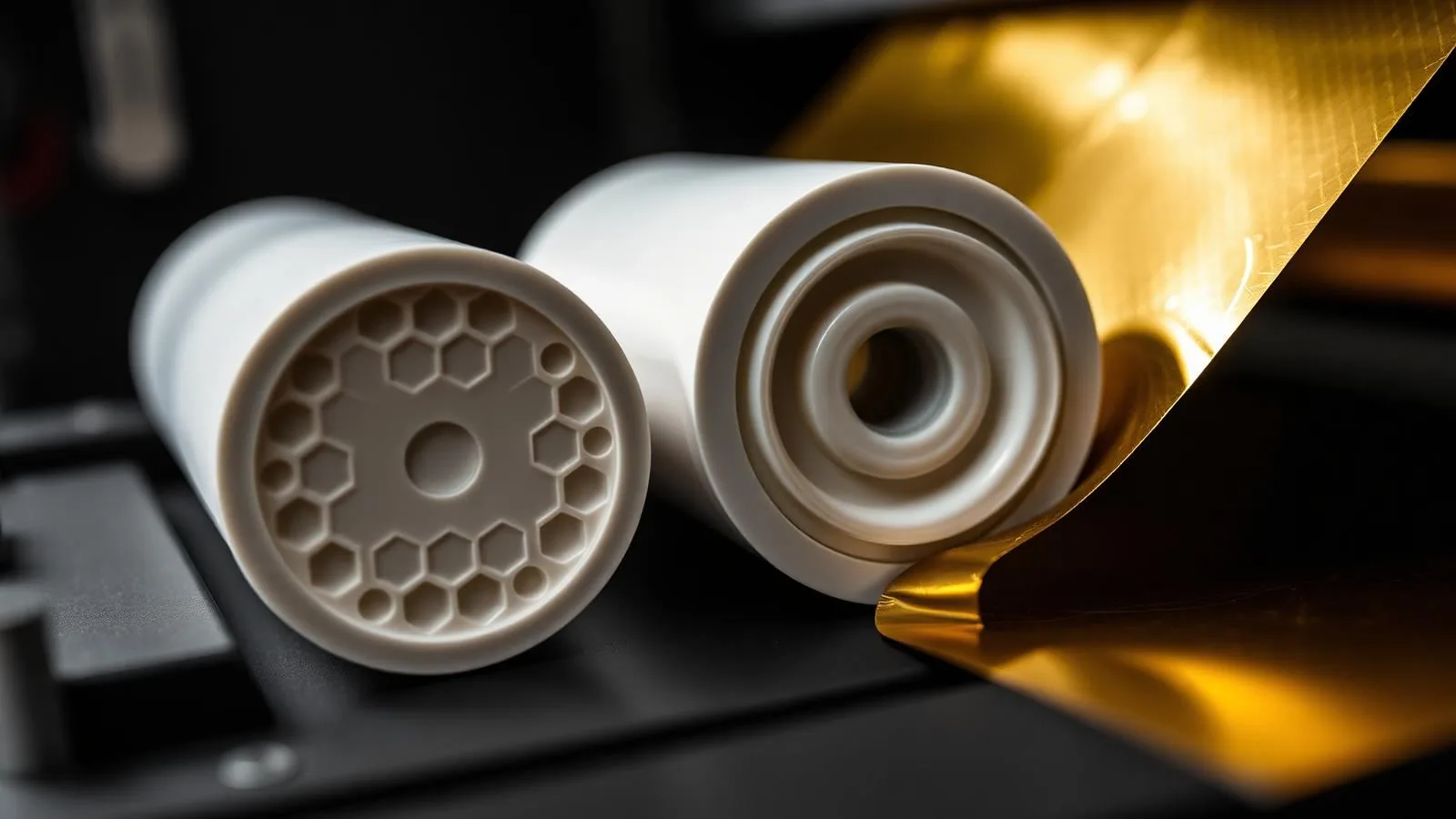 Macro view of a ceramic anilox roller with hexagonal cell engraving beside a metallic gold cold foil web on a UV flexo press