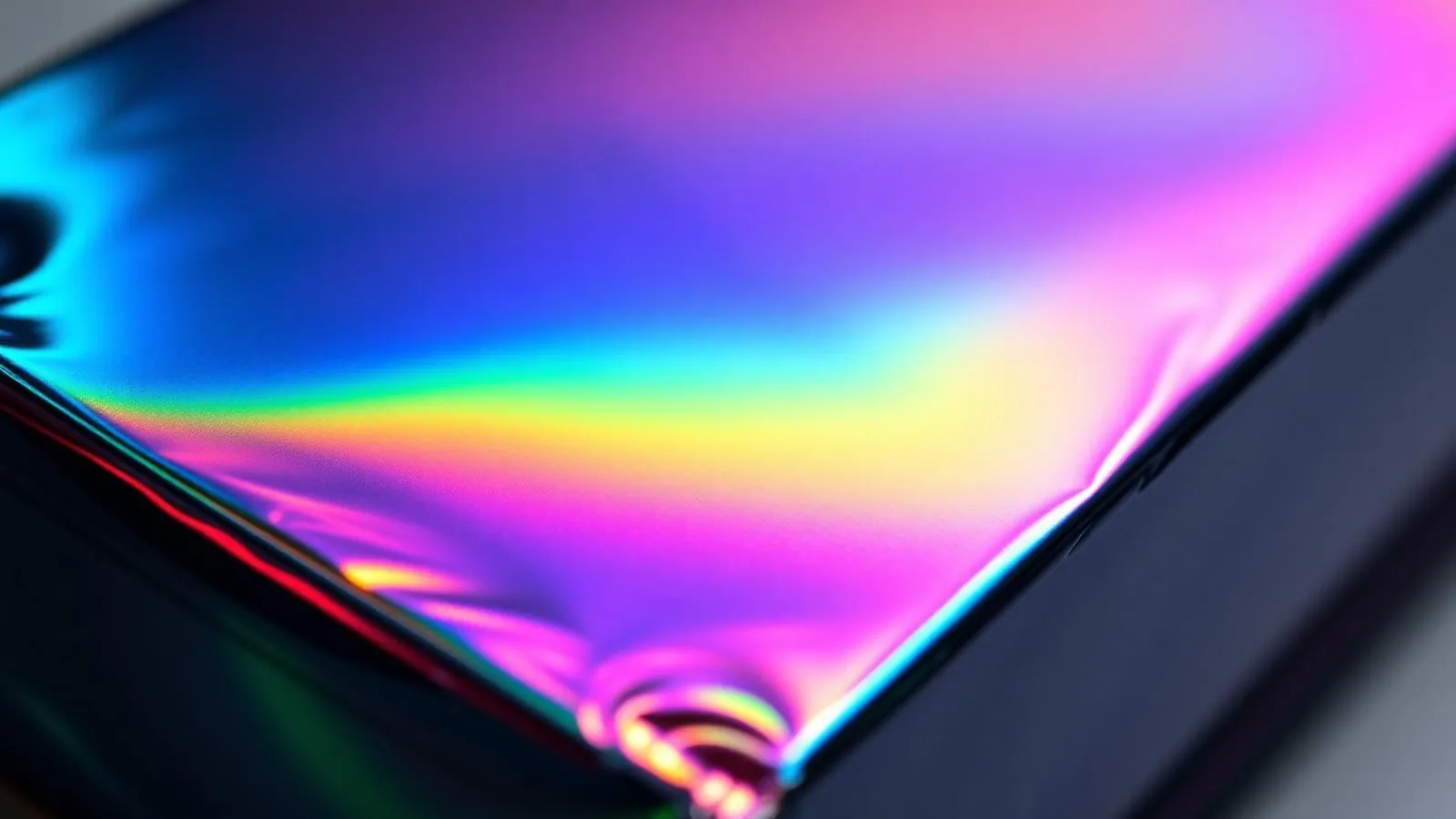 Rainbow metallic CMYK overprint on a silver cold foil packaging carton with vivid cyan, magenta and yellow reflections