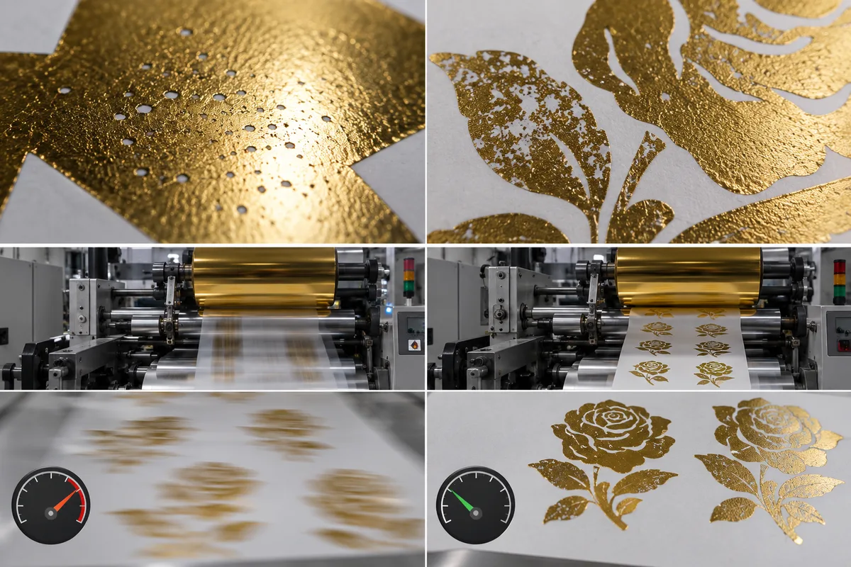 Comparison grid of cold foil defect patterns: pinholes, incomplete transfer, foil wrinkling and ghosting at different press speeds