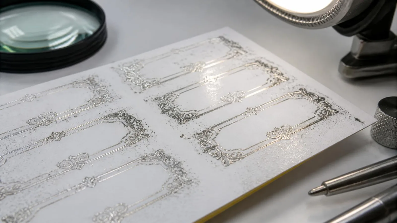 Cold foil dust and dirty edge defect example