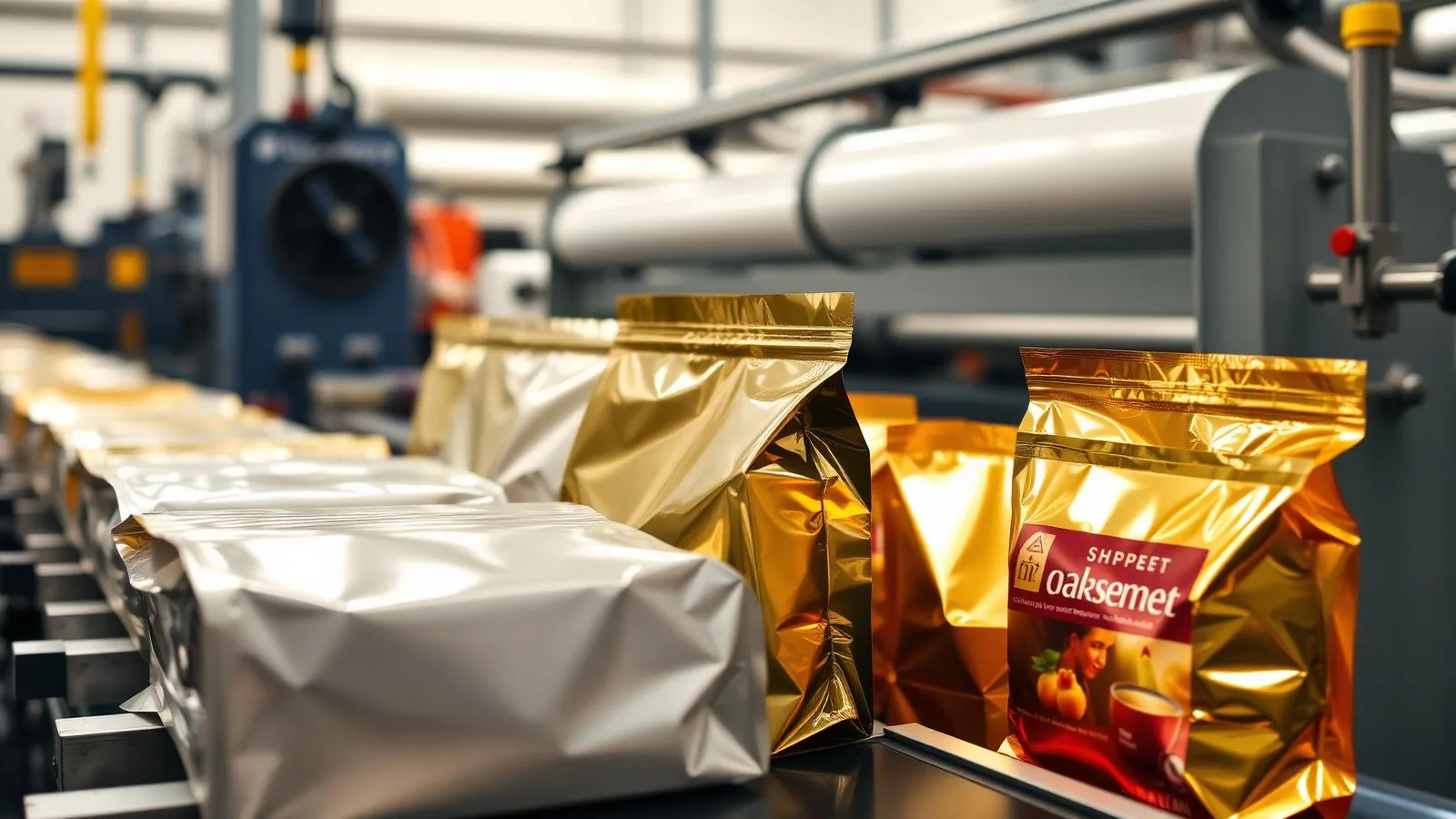 Glossy gold and silver cold foil flexible pouches — coffee bags, snack packs and pet food sachets — on a UV flexo converting…