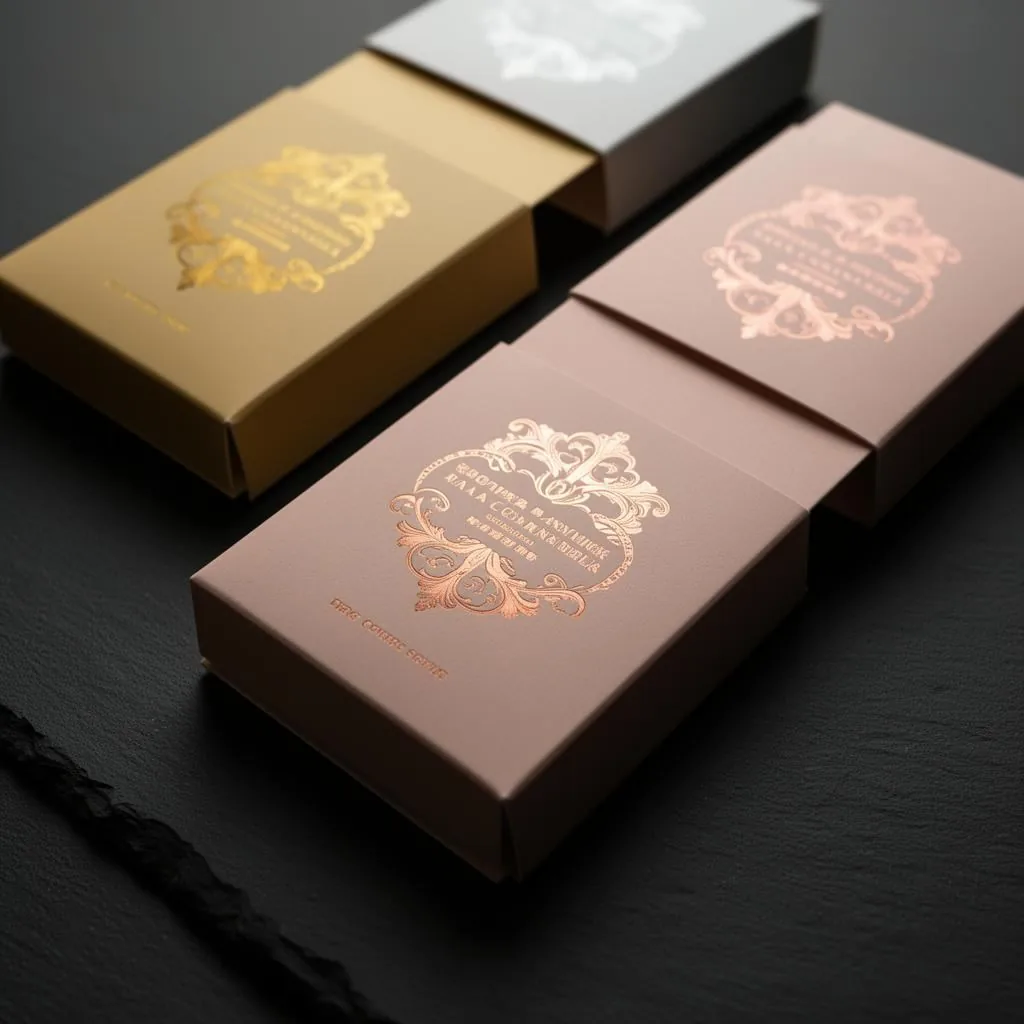 Premium folding cartons with metallic silver and gold cold foil accents on a UV flexo printing press, crisp reflective…