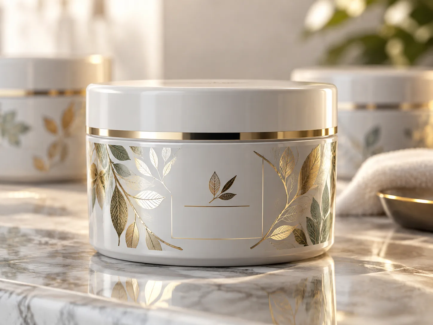 White cosmetic jar with gold cold-foil leaf decoration in the label area on a marble bathroom surface