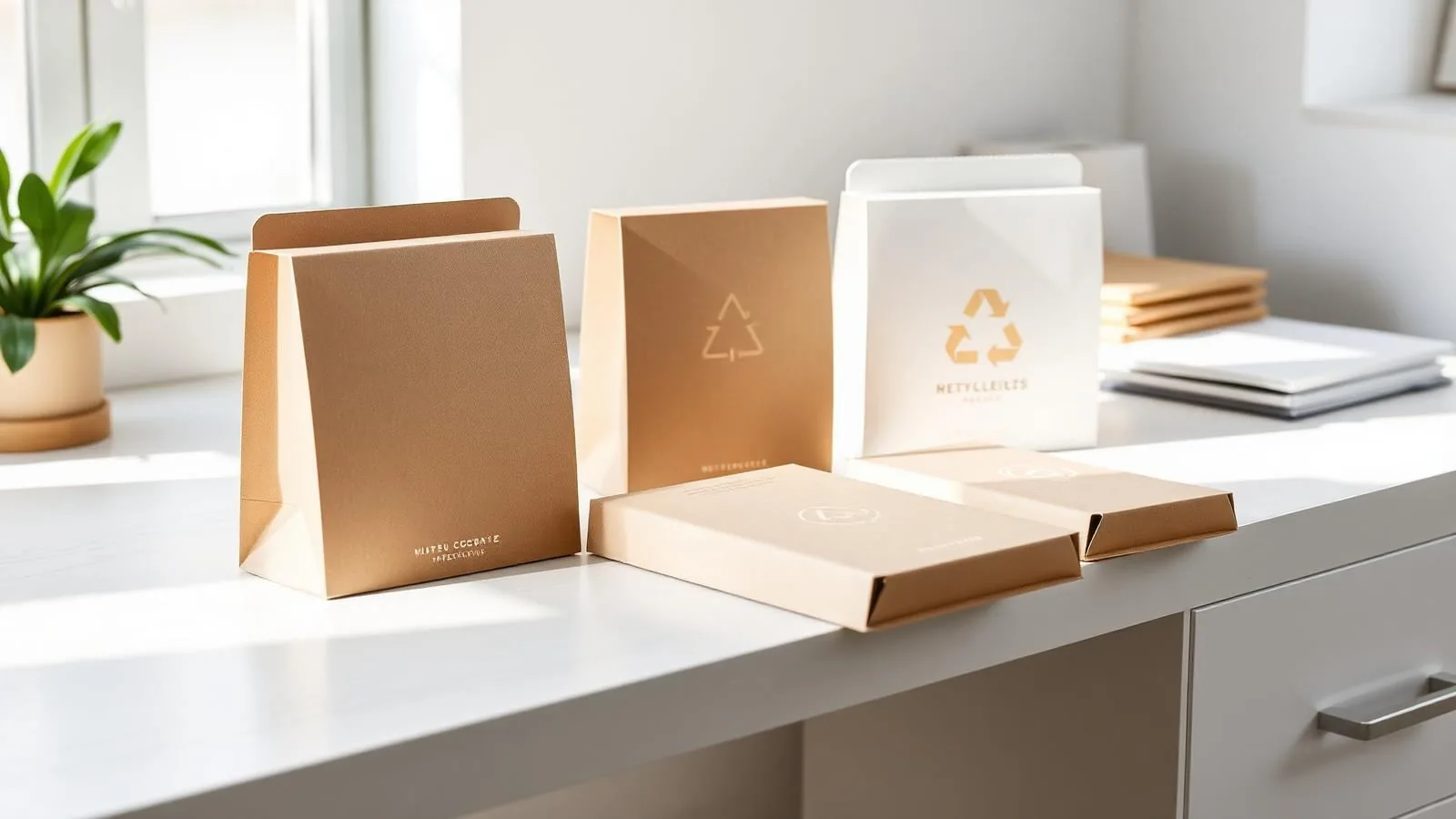 Mono-material recyclable paperboard cartons and bags with subtle cold foil accents on a bright studio bench, EU recycling…