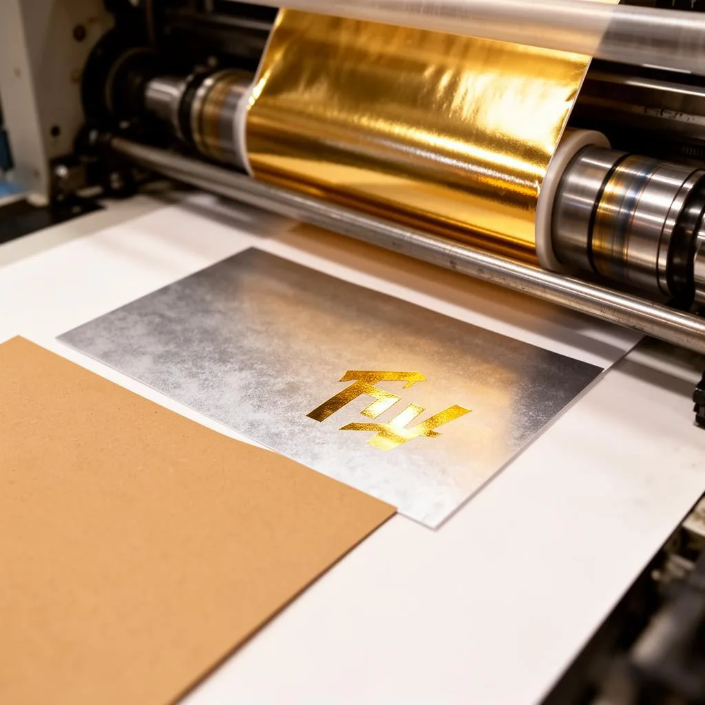 Silver and gold cold foil stamping on uncoated natural-white and kraft paper sheets running through a sheetfed offset press,…