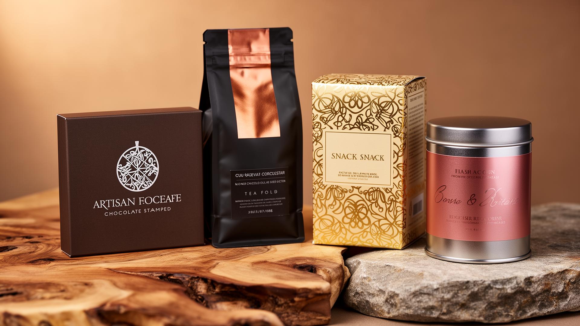 Artisan food packaging set — chocolate carton with silver cold foil crest, copper-foil coffee bag, gold foil snack box, and…