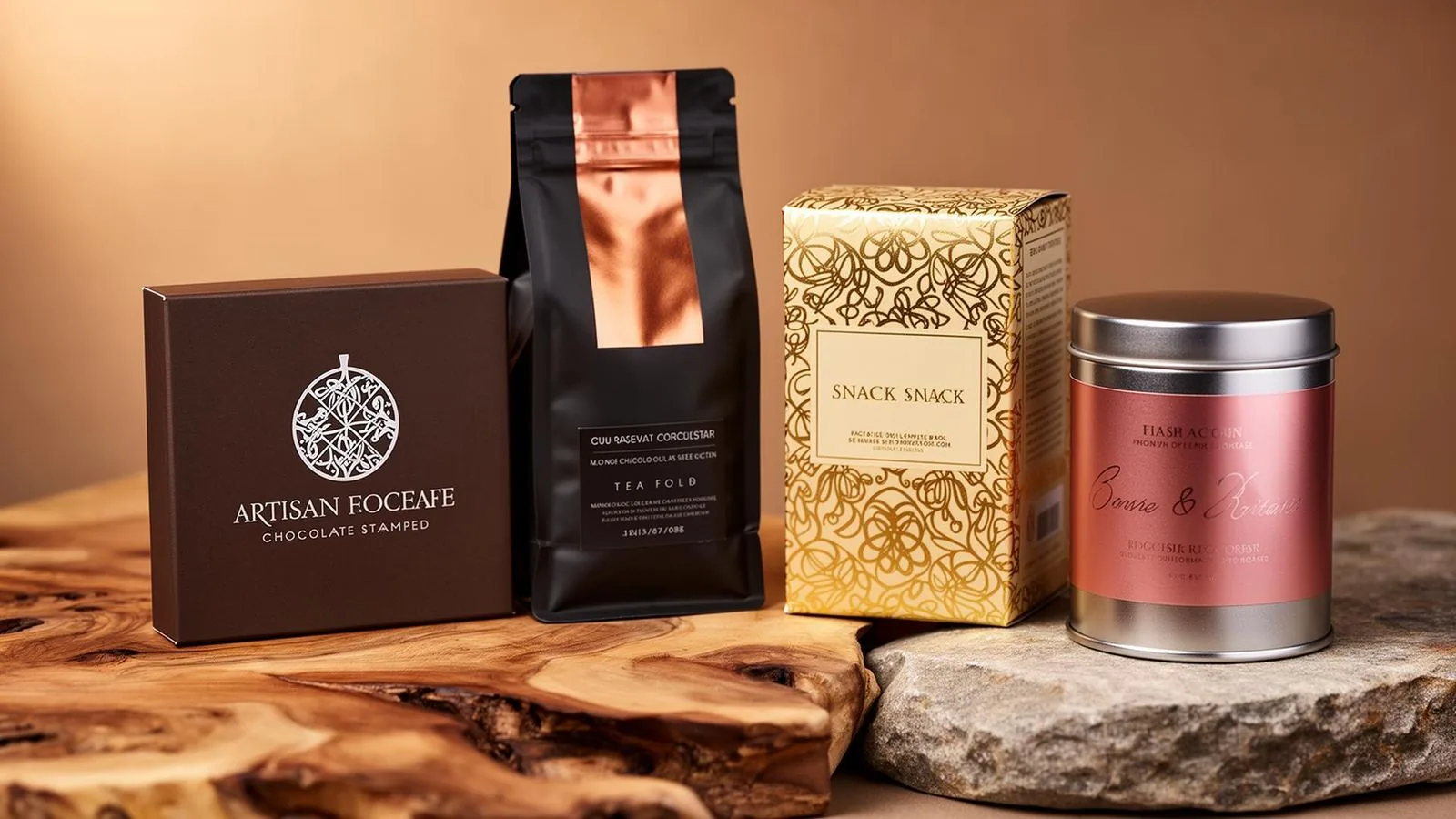 Artisan food packaging set — chocolate carton with silver cold foil crest, copper-foil coffee bag, gold foil snack box, and…