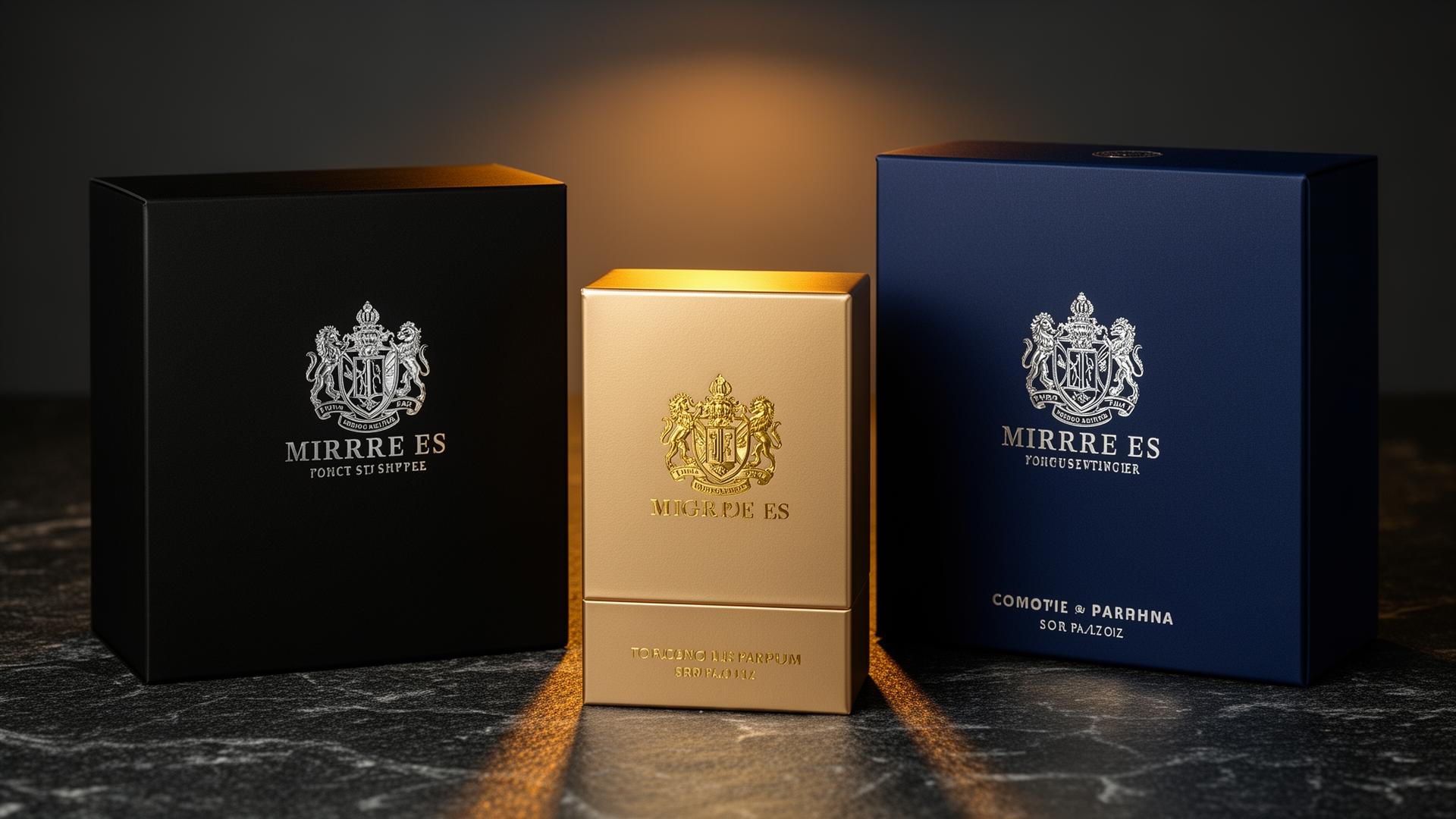 Black, champagne-gold and navy luxury cosmetic, fragrance and spirits cartons with crisp silver and gold cold foil stamped…
