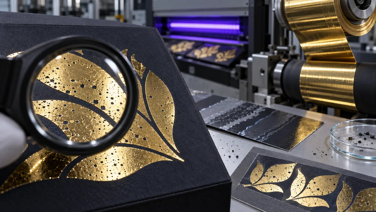 Press-side inspection of gold cold foil pinholes under a magnifier beside a cold foil unit with UV curing lamp and foil rolls