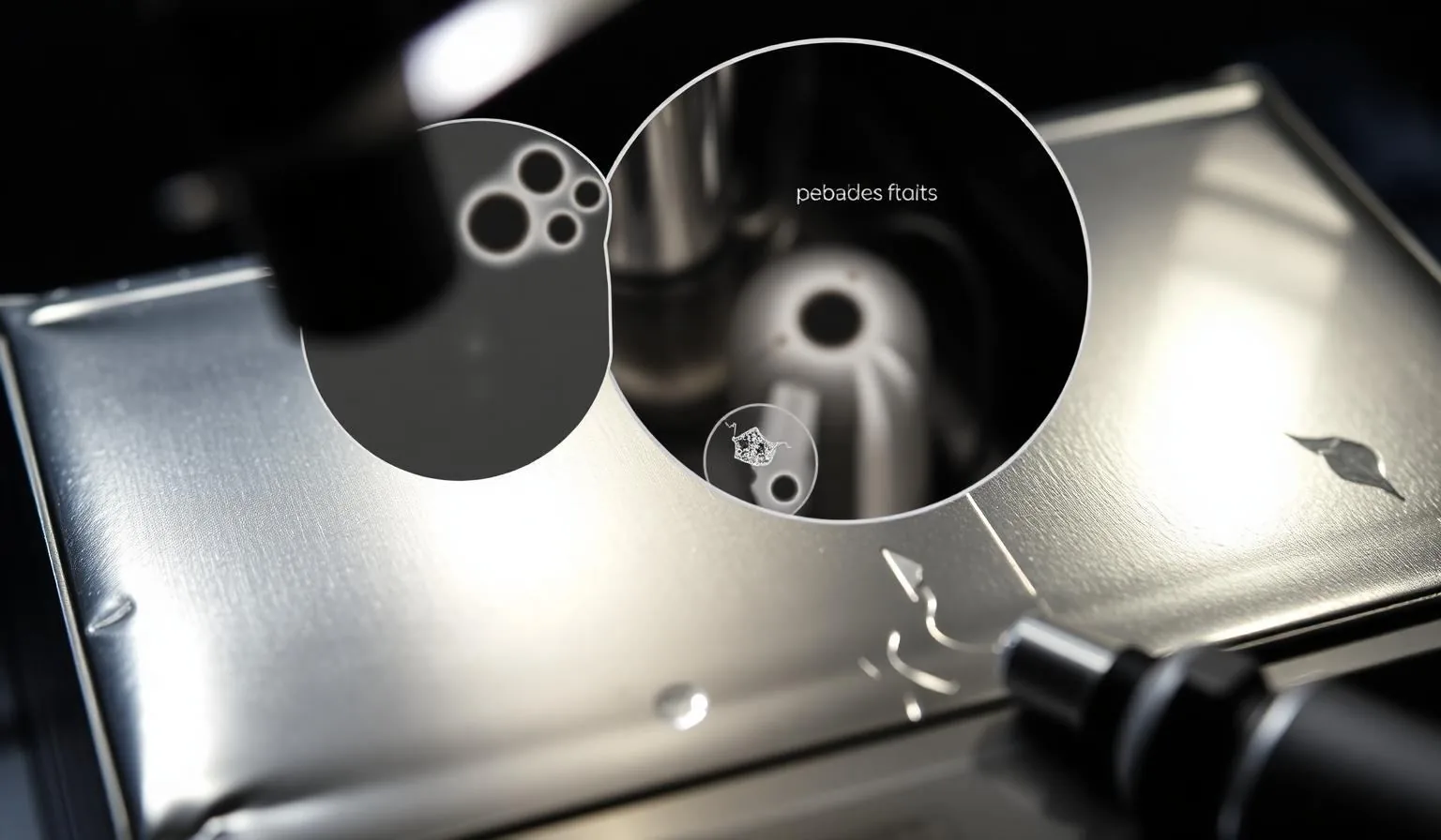 Macro inspection of a silver cold foil printed sheet showing pinholes and ghosting defects under a microscope with…
