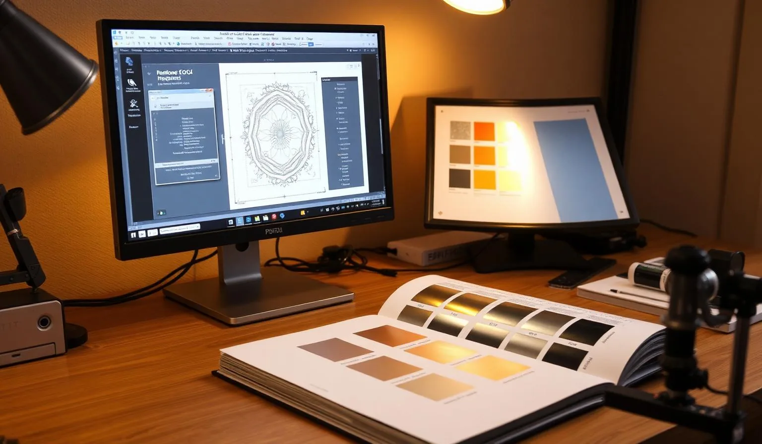 Packaging designer's workstation with cold foil dieline artwork on monitor, Pantone metallic swatch book, and printed foil…
