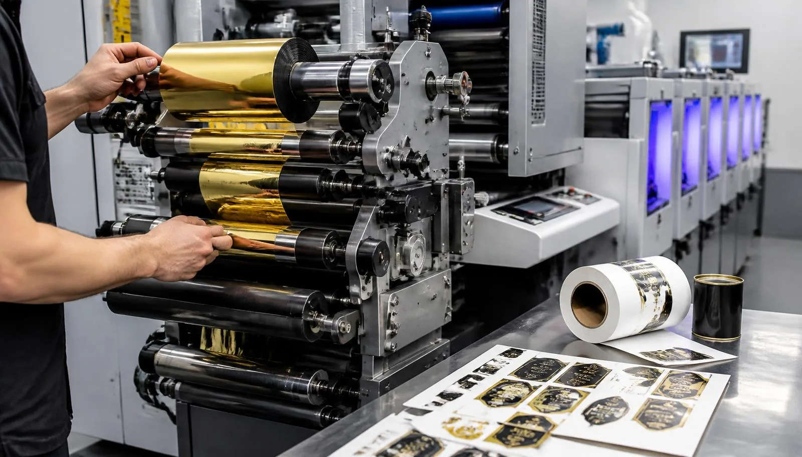 Cold foil press setup with metallic foil roll and printed label proofs