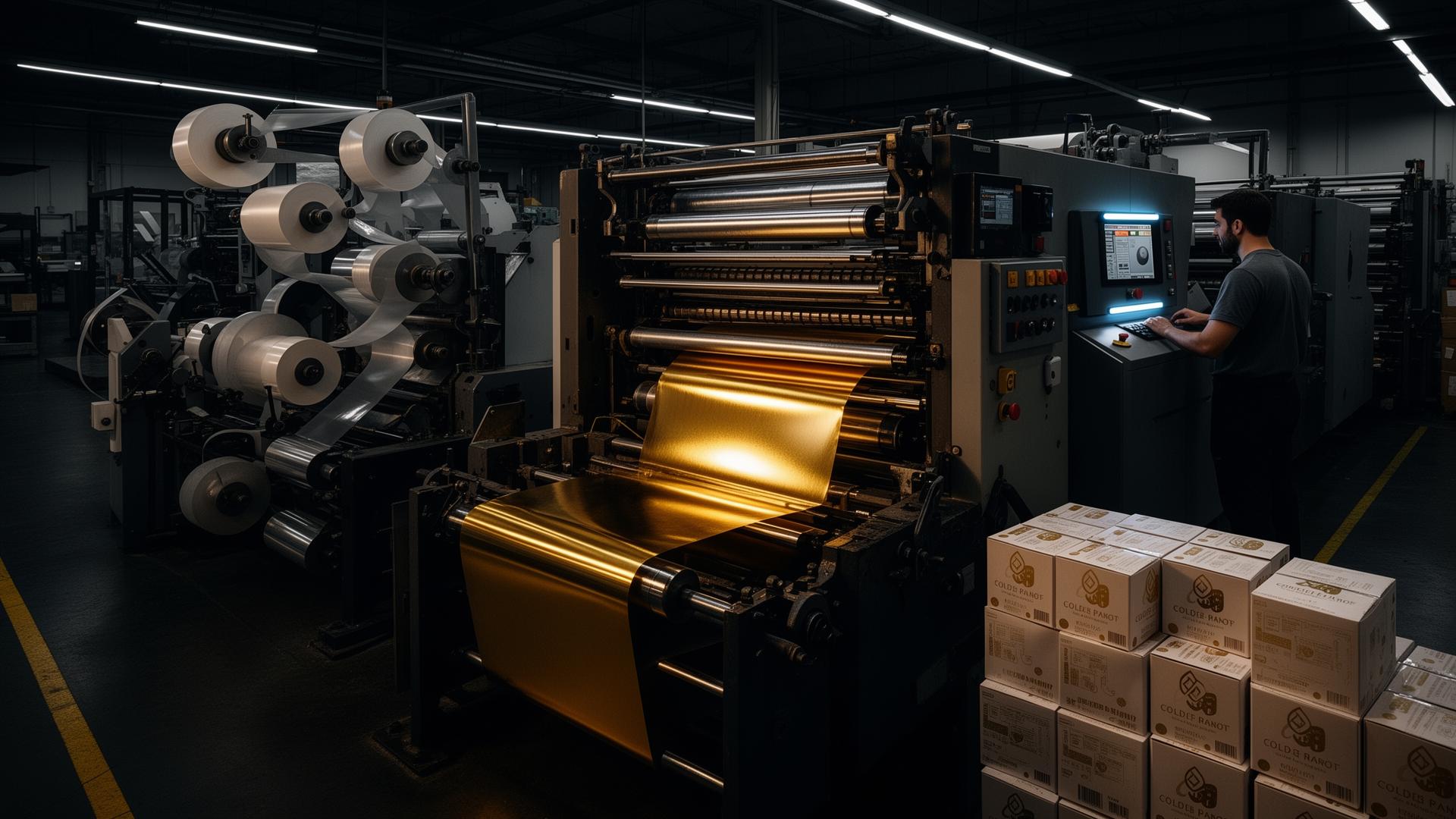 Inline cold foil stamping machine on a production floor with foil unwind, UV curing module, control panel, and finished…