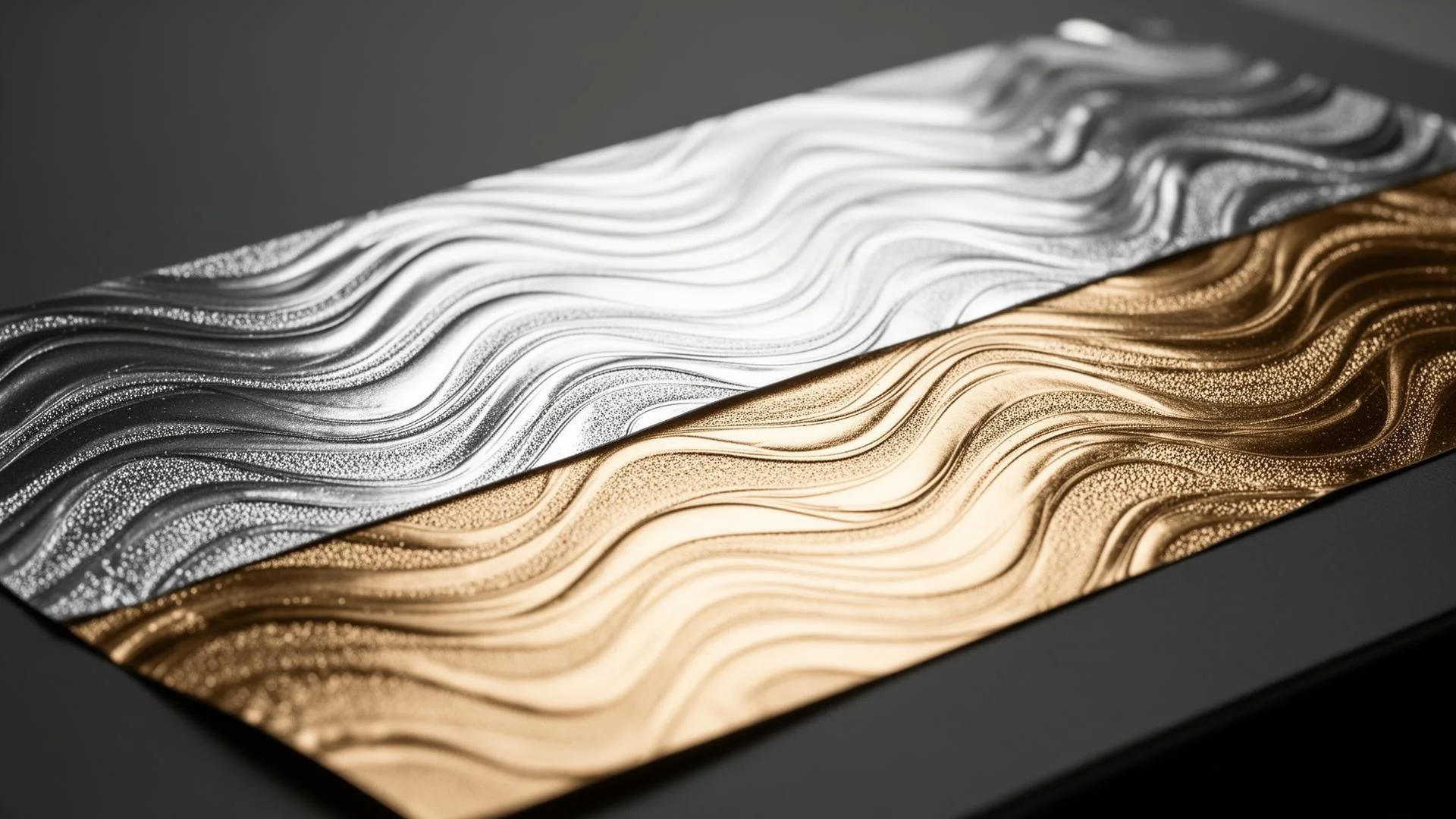 Macro view of metallic cold foil transfer on premium packaging with crisp reflective detail and press-side lighting